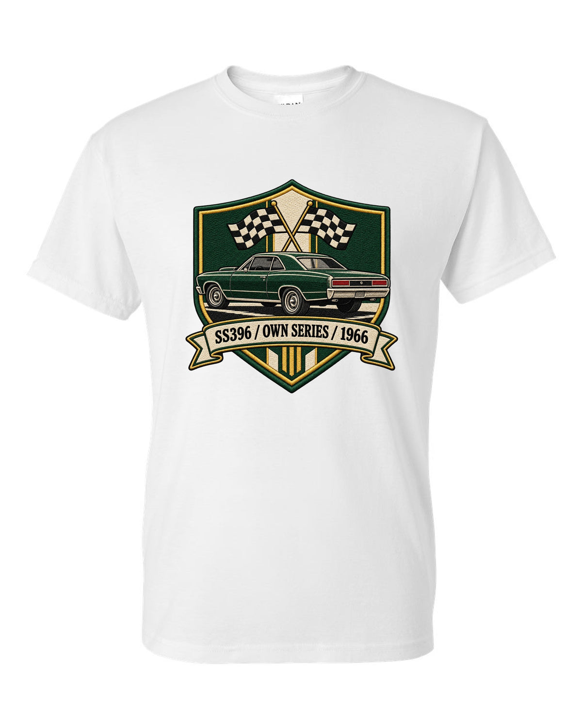 1966 Chevelle SS396 in an embroidery-style shield with text SS396 Own Series 1966 white t-shirt front view with the design