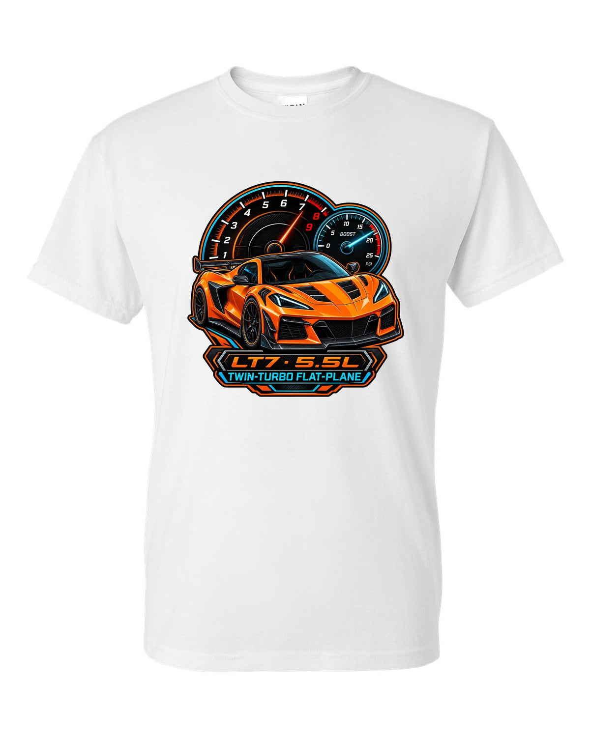 Embroidery-style varsity crest of a 2023 C8 Corvette Z06 with LT7 engine lettering white t-shirt front view with the design