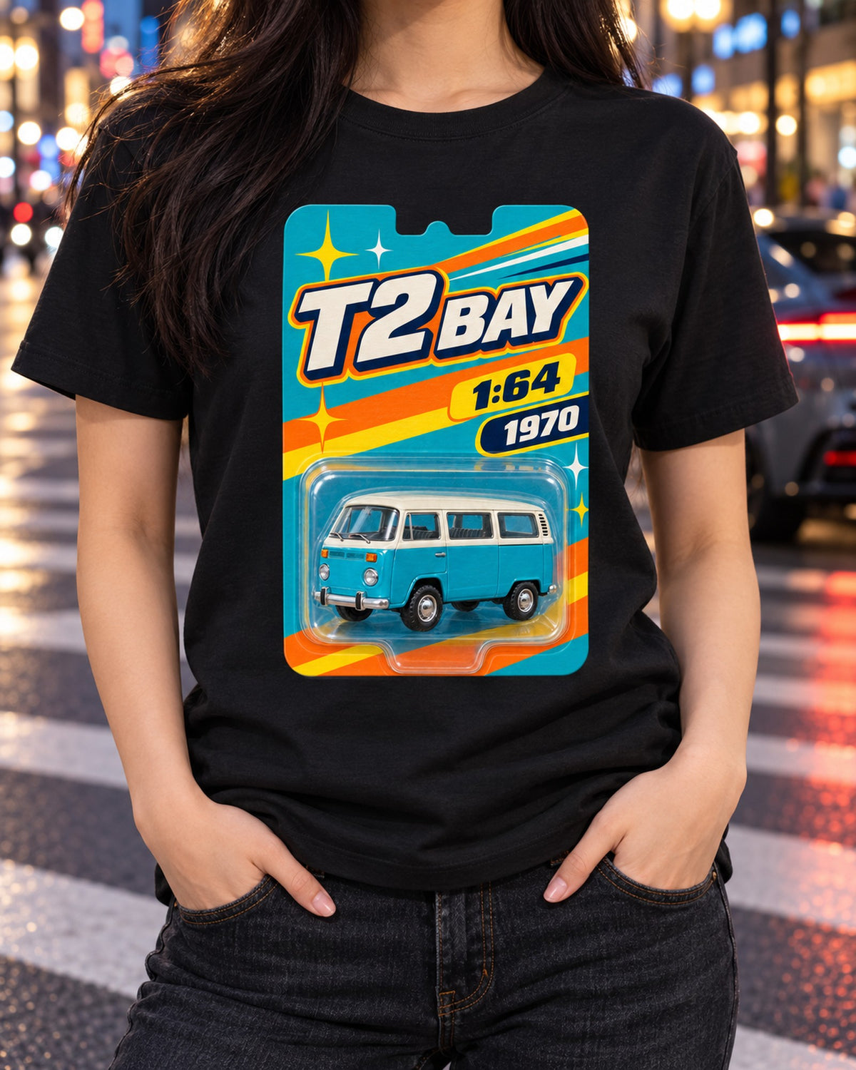 VW Bus T2 Bay 1970 Toy Card Blister Tee, 1:64 Car Shirt T-Shirt Black worn hero