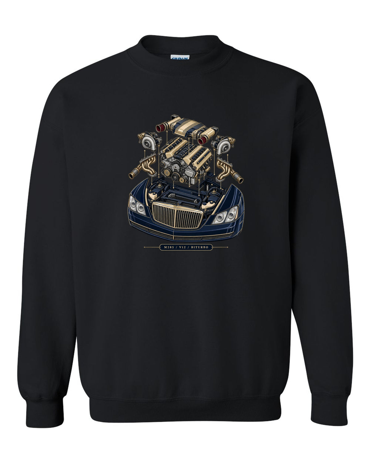 Pastel vaporwave rear view of the one-off Maybach Exelero on a shirt back black crewneck front view with the design