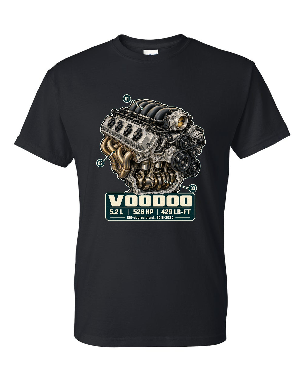 Ford Mustang S550 Shelby GT350 Voodoo 5.2 L engine hero print black t-shirt front view with the design