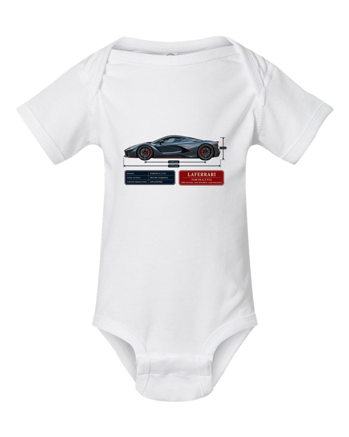 Ferrari LaFerrari dimension blueprint print with F140 FE 6.3 V12 text white baby onesie front view with the design