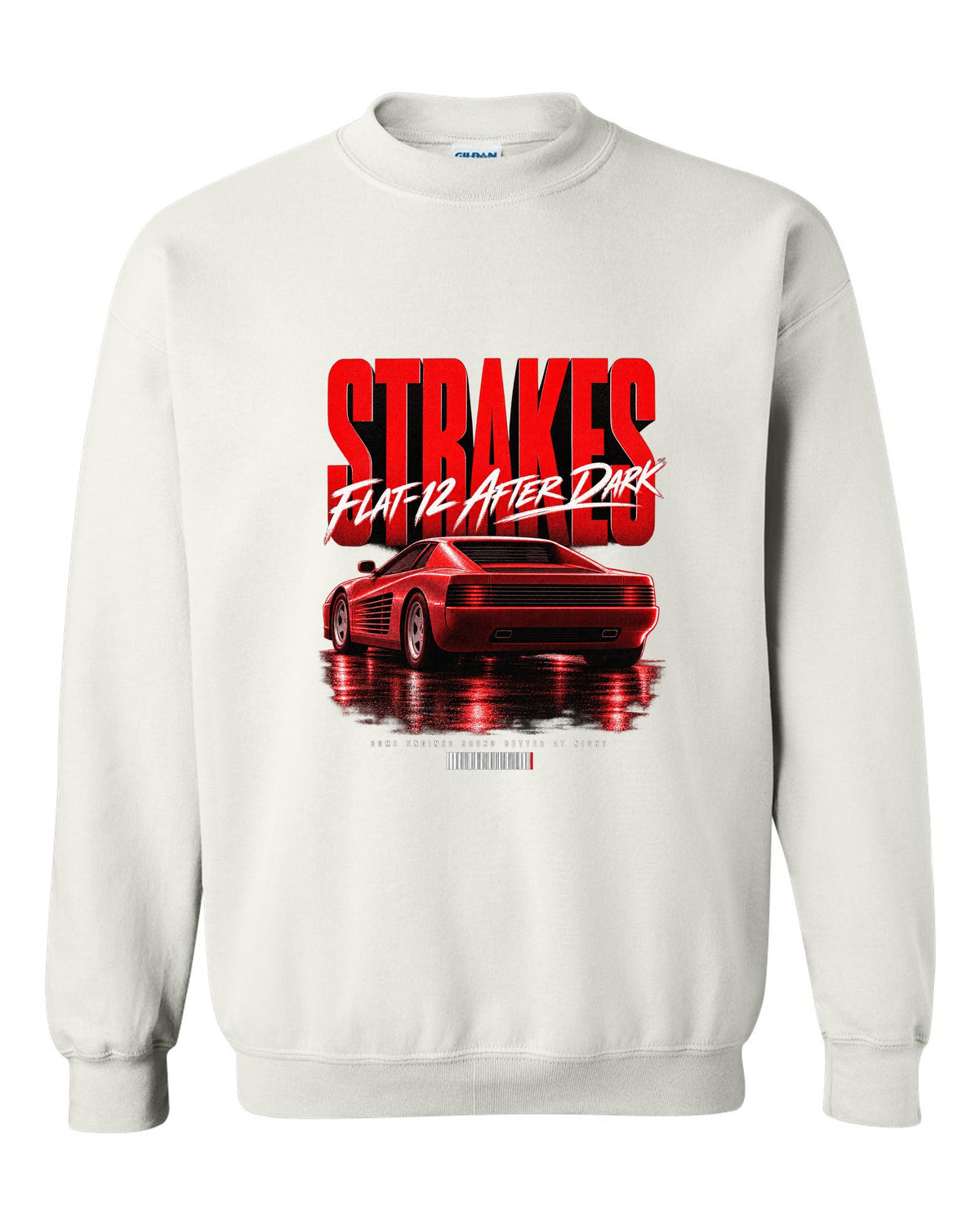 Street poster print of a Ferrari Testarossa F110 rear three-quarter with strakes and flat-12 text white crewneck front view with the design