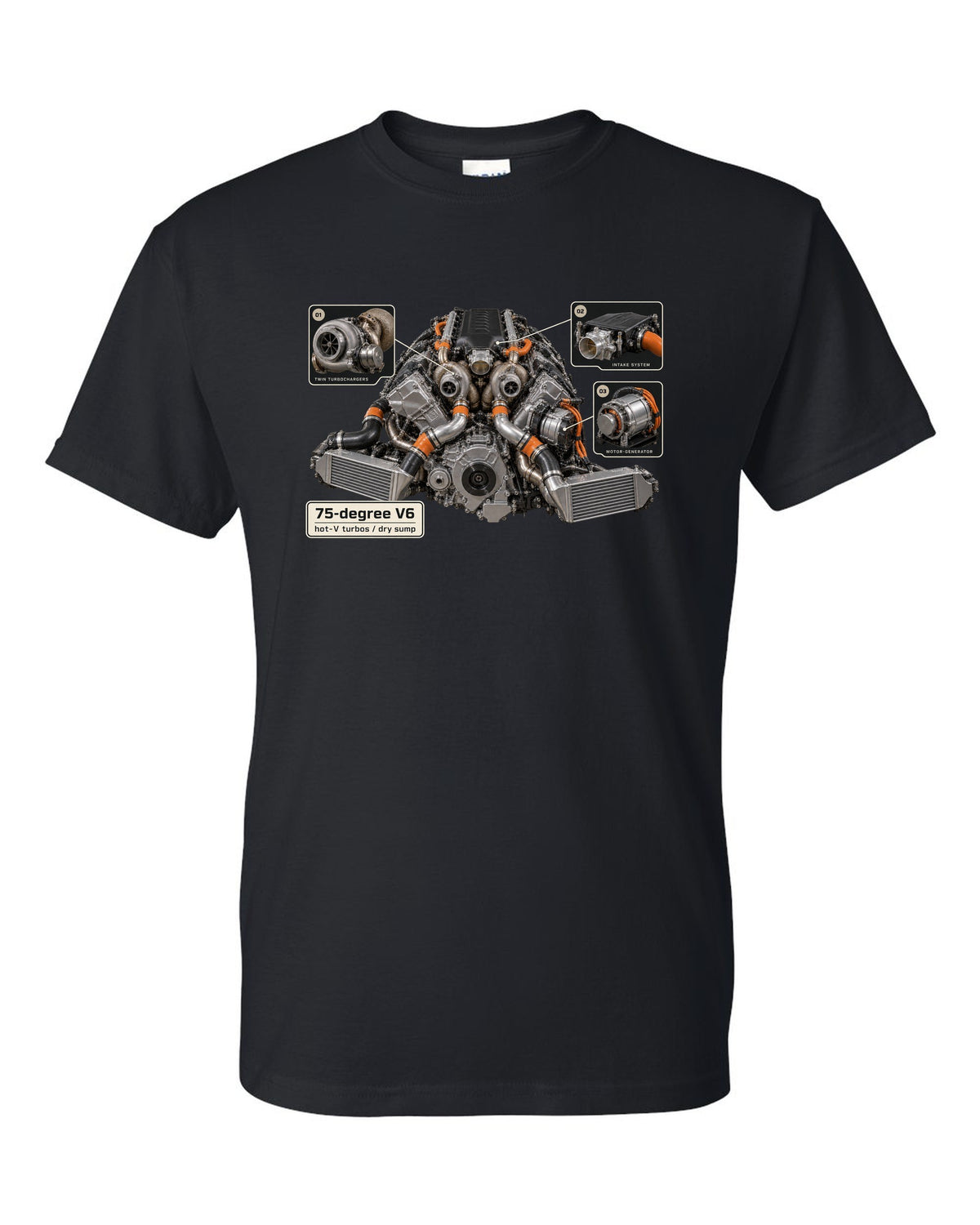 Engine bay print of an Acura NSX NC1 3.5L twin-turbo V6 black t-shirt front view with the design