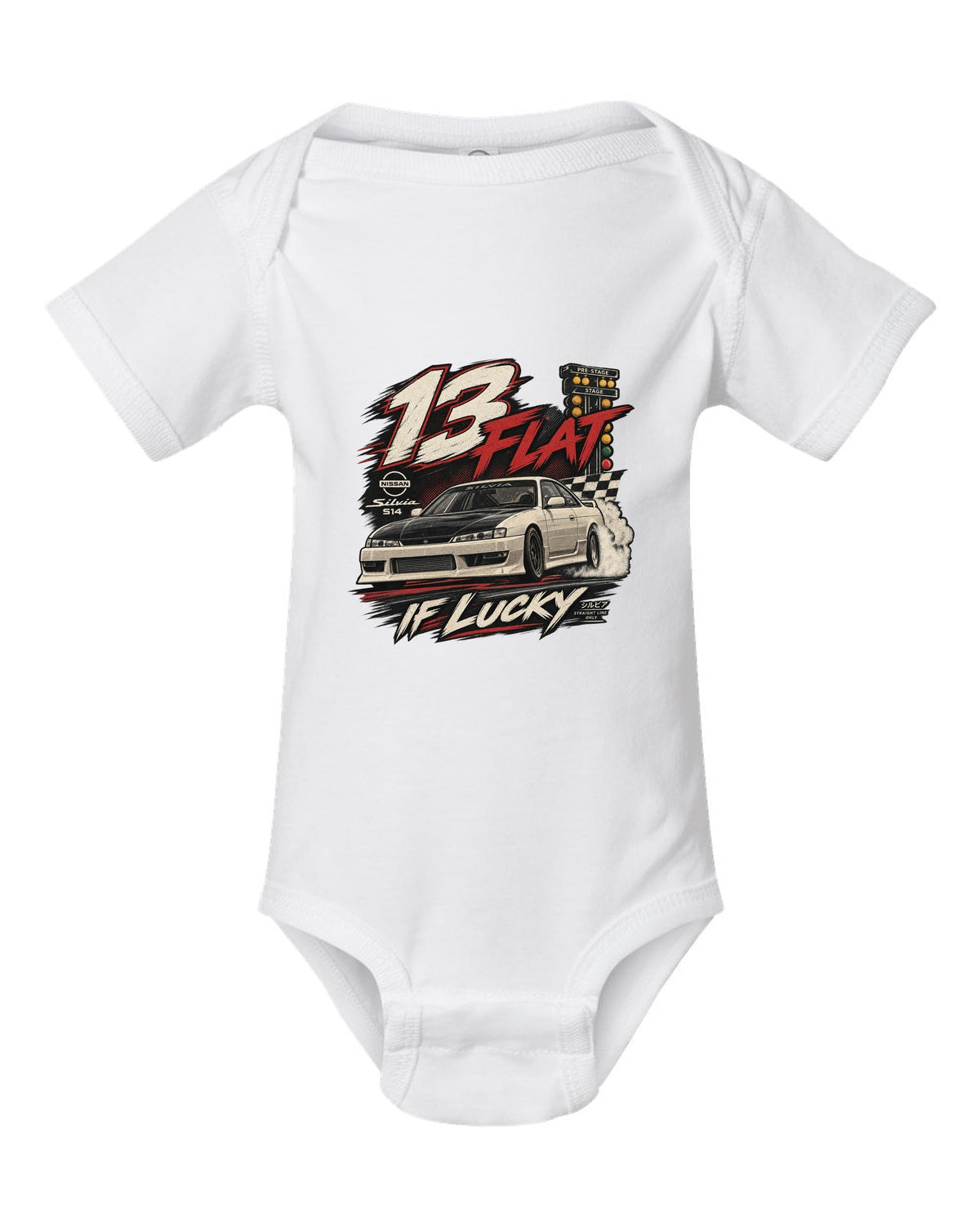 Vintage race poster print of a Nissan Silvia S14 with 13 flat if lucky text white baby onesie front view with the design