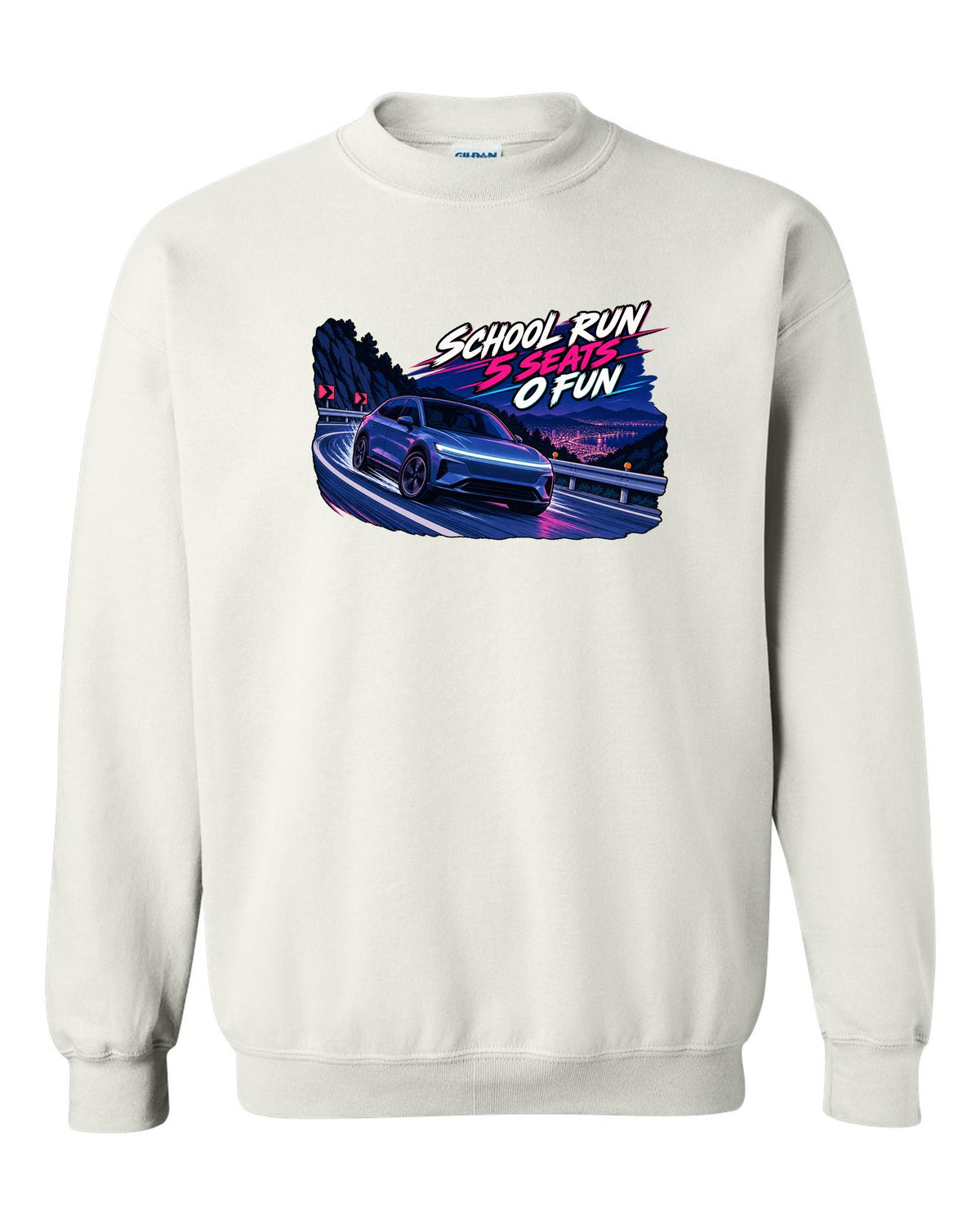 Cel-shaded 90s anime night touge print of a Tesla Model Y Juniper reading School Run 5 Seats 0 Fun white crewneck front view with the design