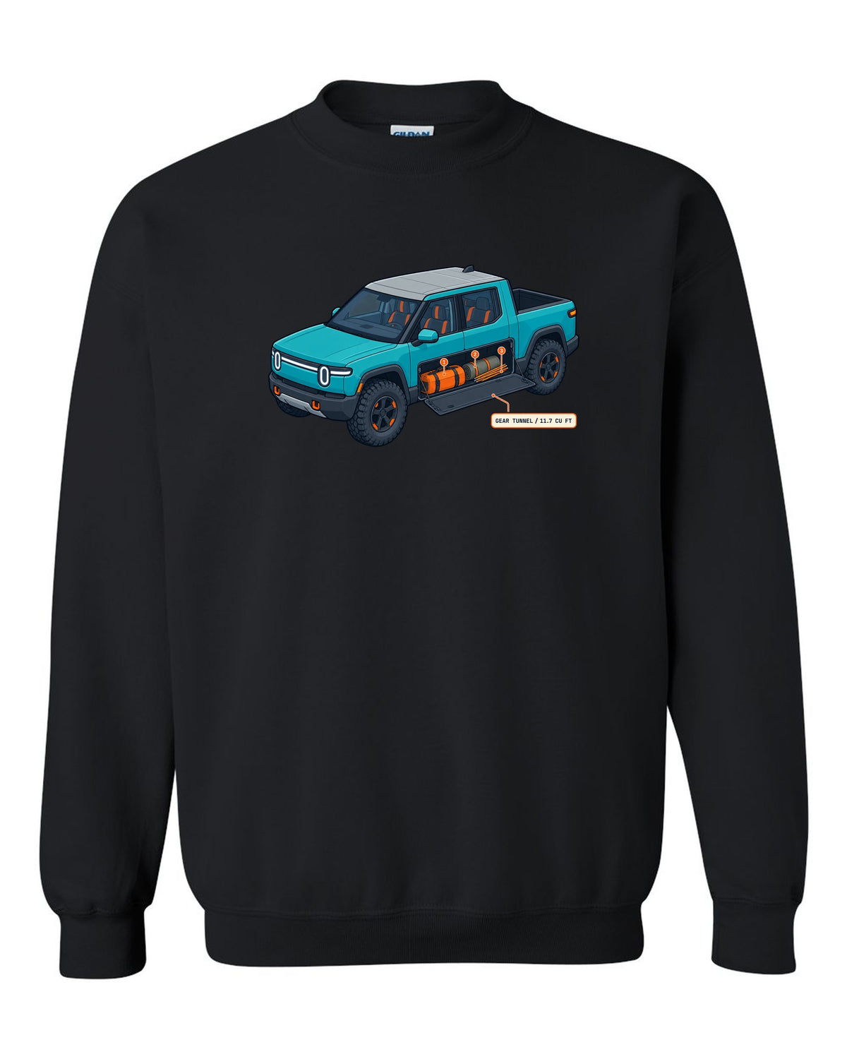 Isometric cutaway technical illustration print of a Rivian R1T reading Gear Tunnel 11.7 Cu Ft black crewneck front view with the design
