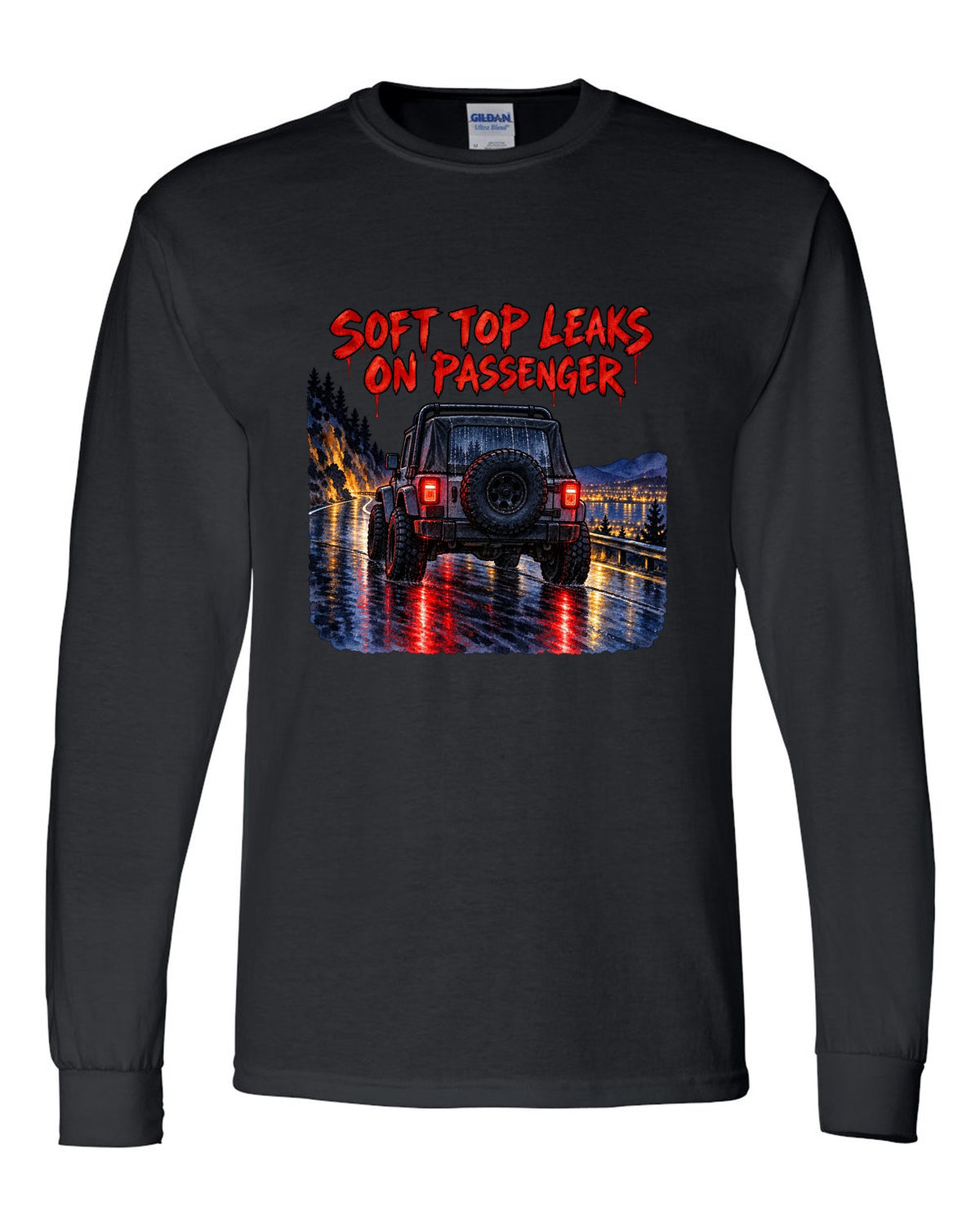 Watercolour wet-road night print of a Jeep Wrangler YJ taillights with soft top text black long sleeve front view with the design