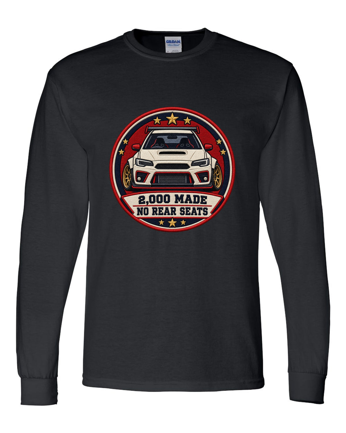 Embroidery-style varsity crest print for the Mini GP1 R53 with 2,000 made and no rear seats text black long sleeve front view with the design