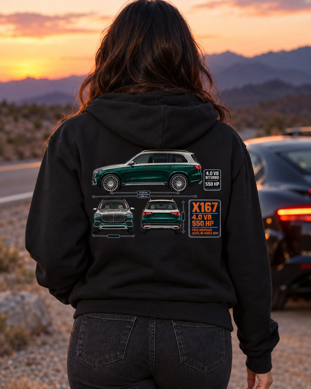 Mercedes-Maybach GLS 600 X167 Three-View Spec Shirt Zip Hoodie Black worn hero
