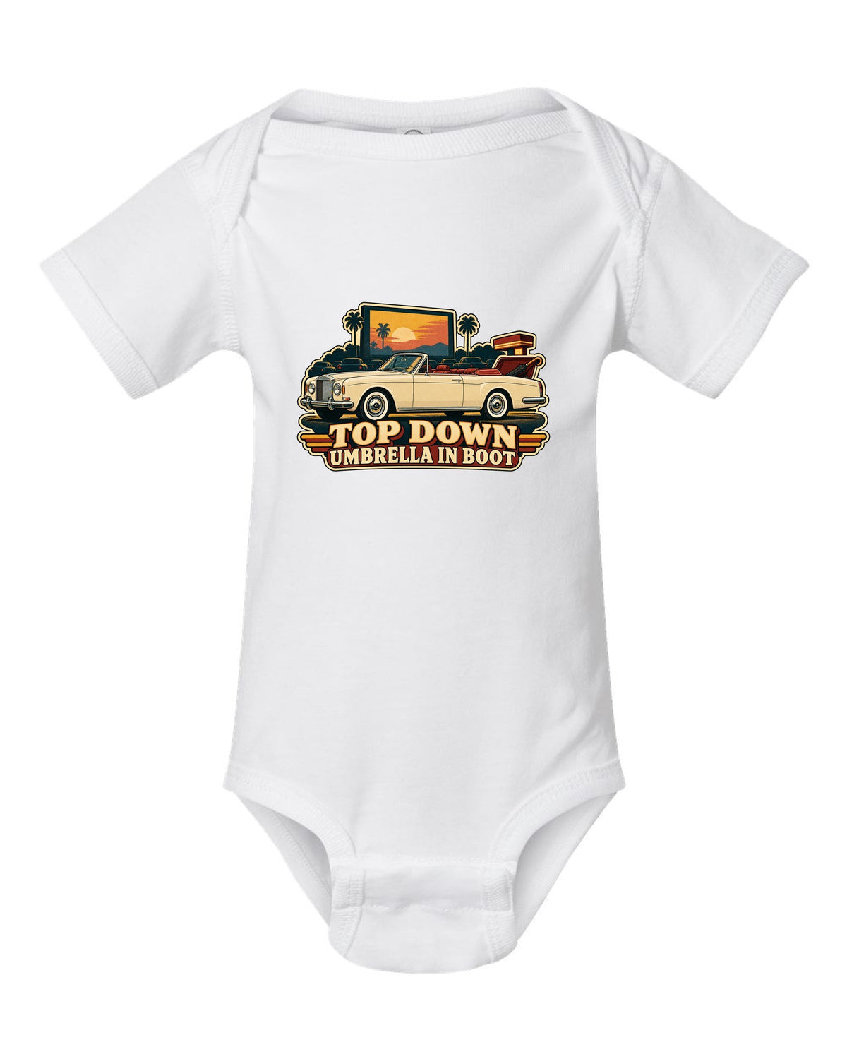Retro Japanese showa catalogue style illustration of a 1971 Rolls-Royce Corniche convertible with TOP DOWN lettering white baby onesie front view with the design