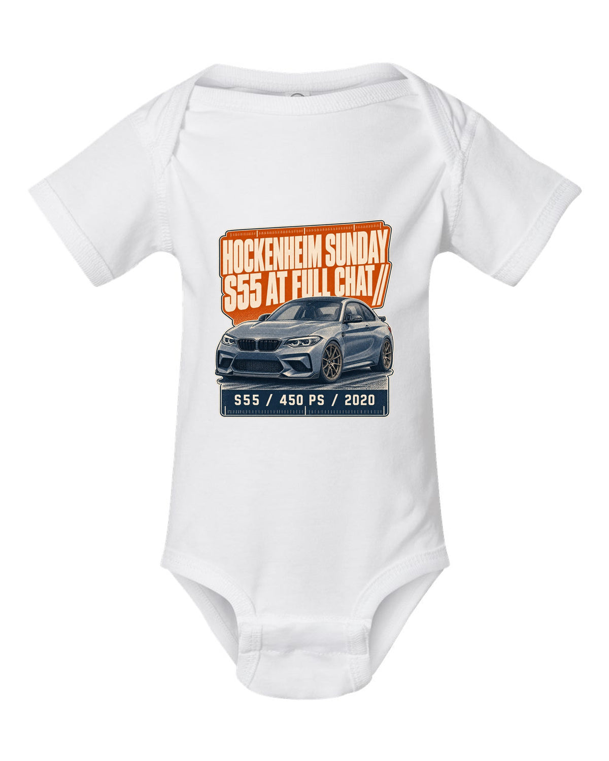 BMW M2 CS F87 halftone statement print with Hockenheim Sunday and S55 text white baby onesie front view with the design