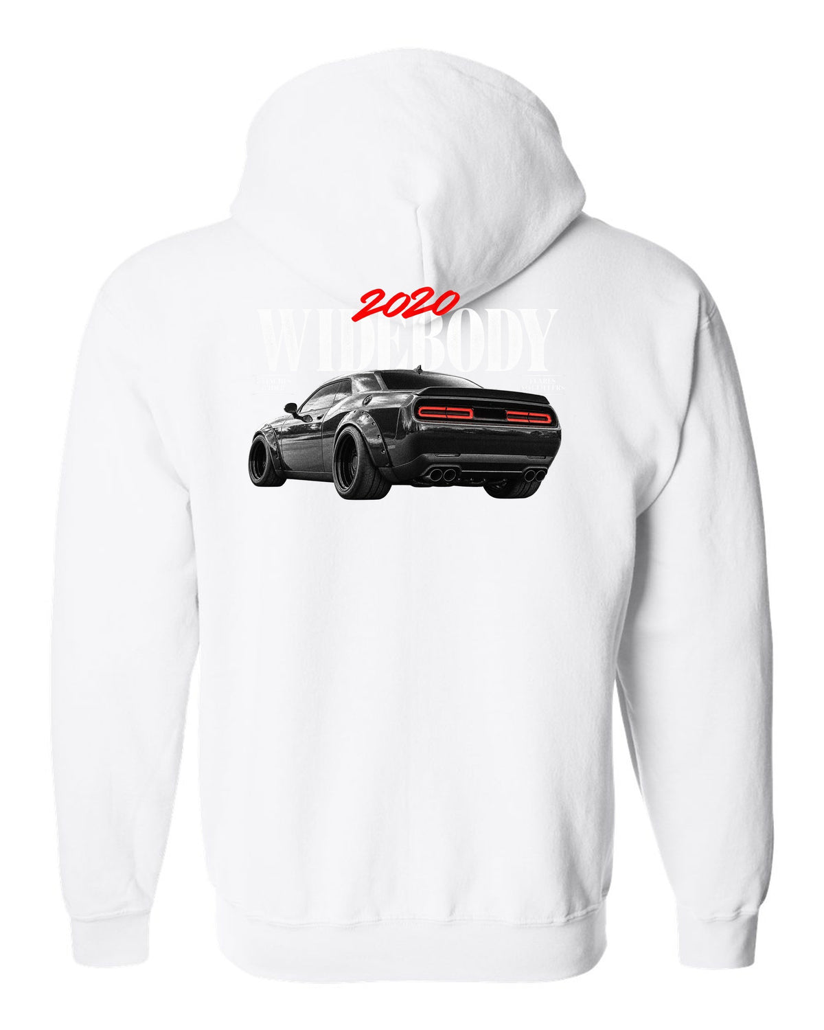 Editorial headline print of a 2020 Dodge Challenger Scat Pack Widebody with 3.5 inches wider text white zip hoodie back view with the design