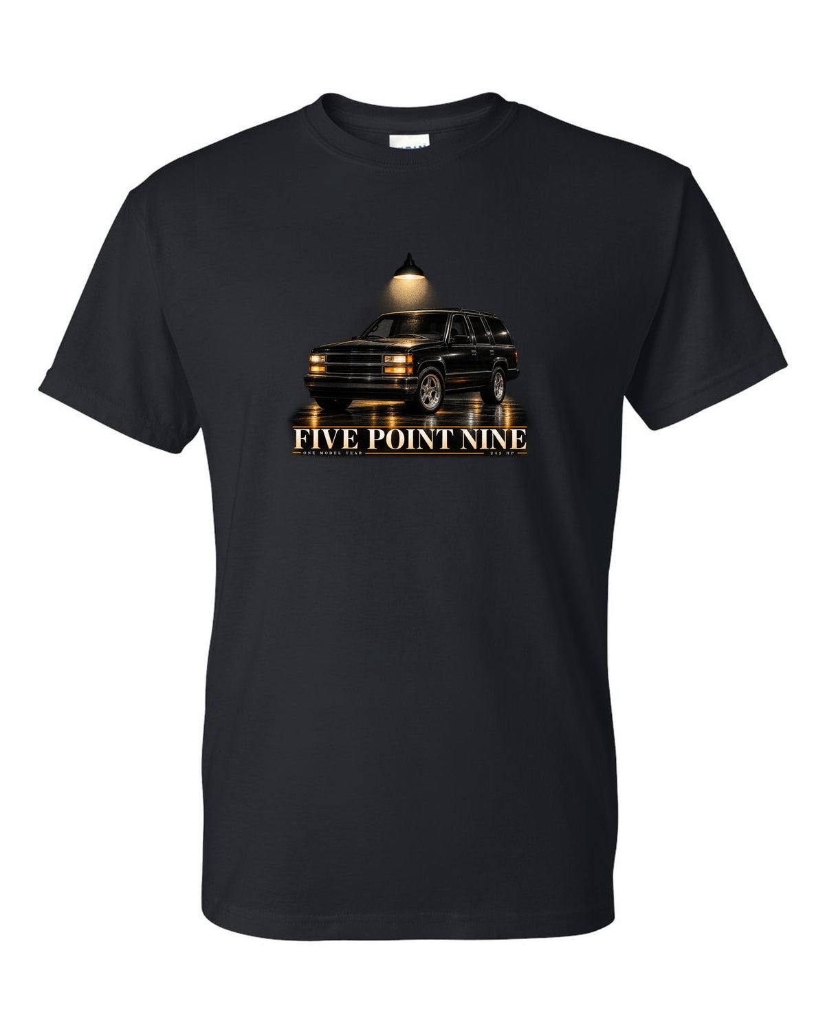 Garage night print for the 1998 Jeep Grand Cherokee ZJ 5.9 Limited black t-shirt front view with the design