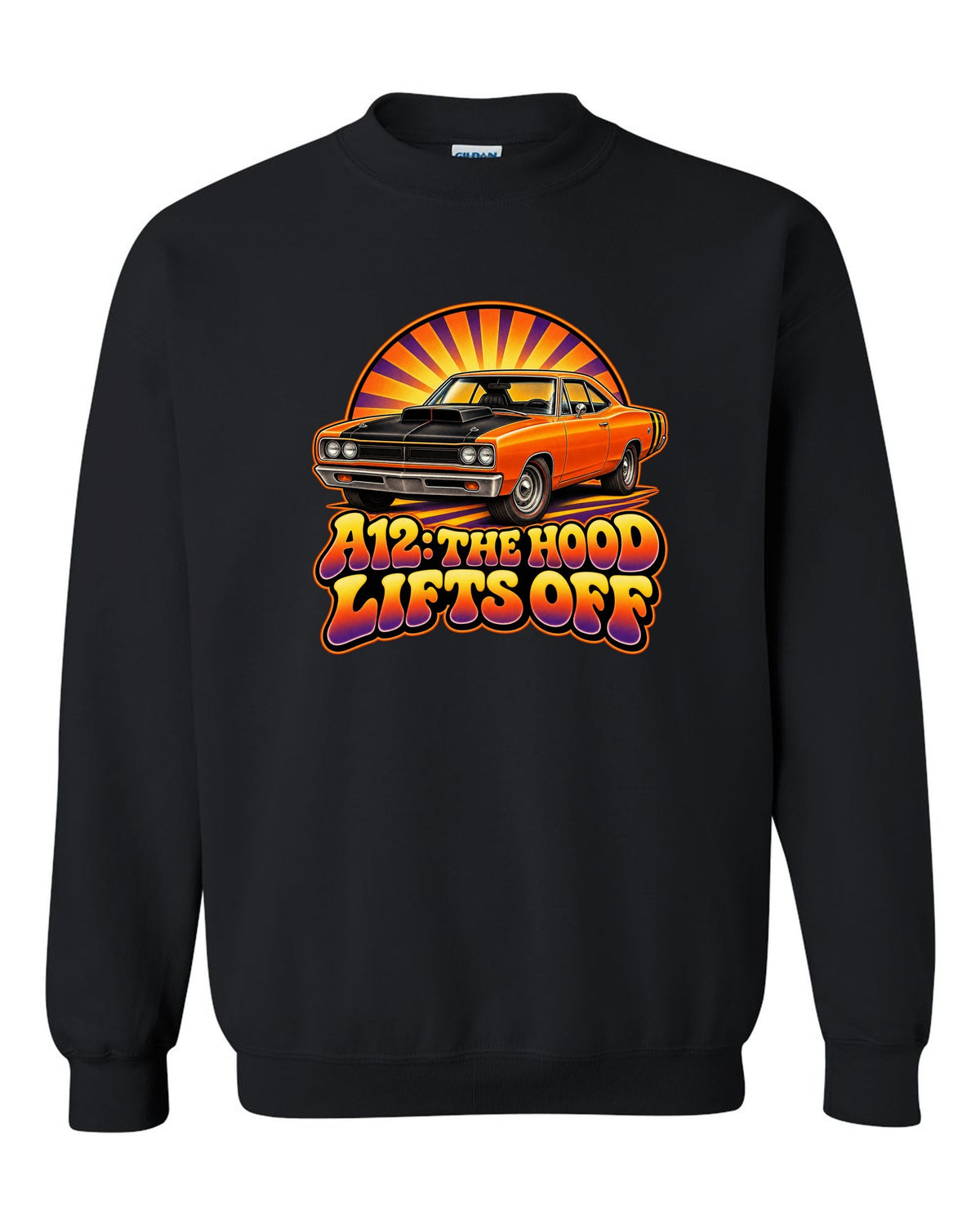 Retro 70s airbrush sunburst design with a 1969 Dodge Coronet Super Bee A12 and lift-off hood text black crewneck front view with the design