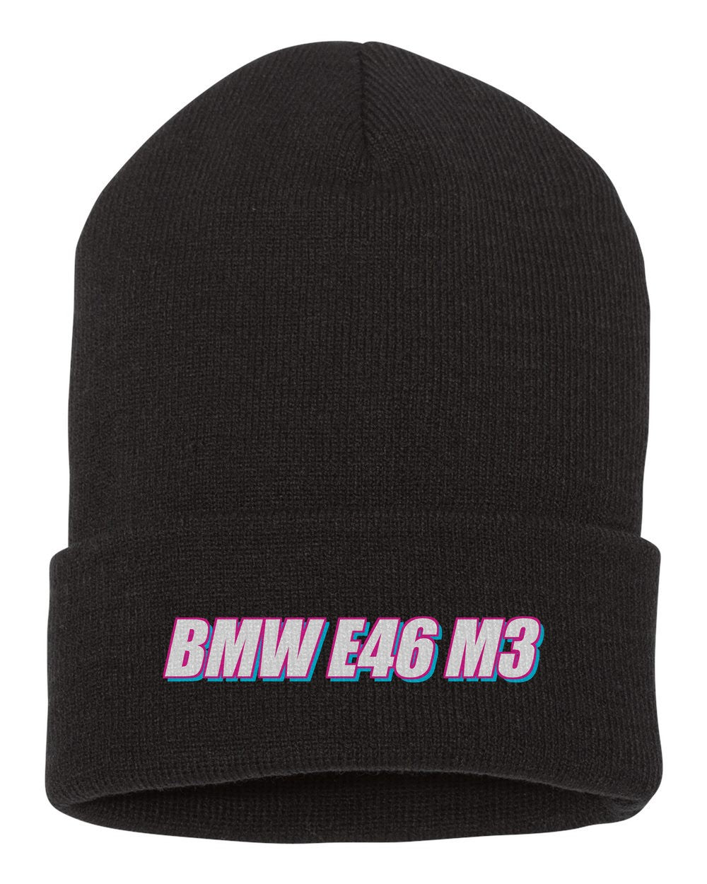 Bmw E46 M3 black beanie front view with car name