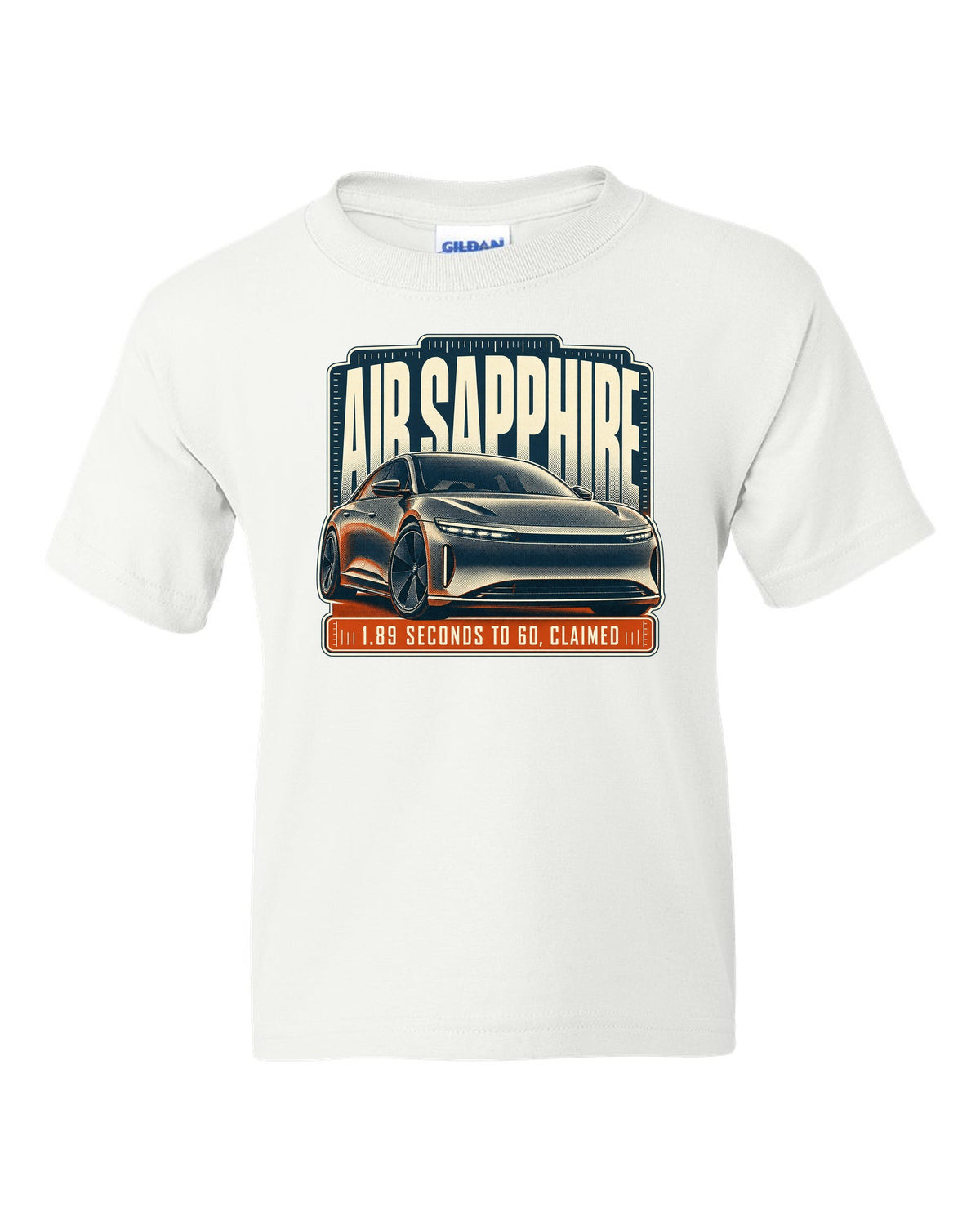 Halftone print of a Lucid Air Sapphire with 1.89 second 0-60 claim white kids tee front view with the design