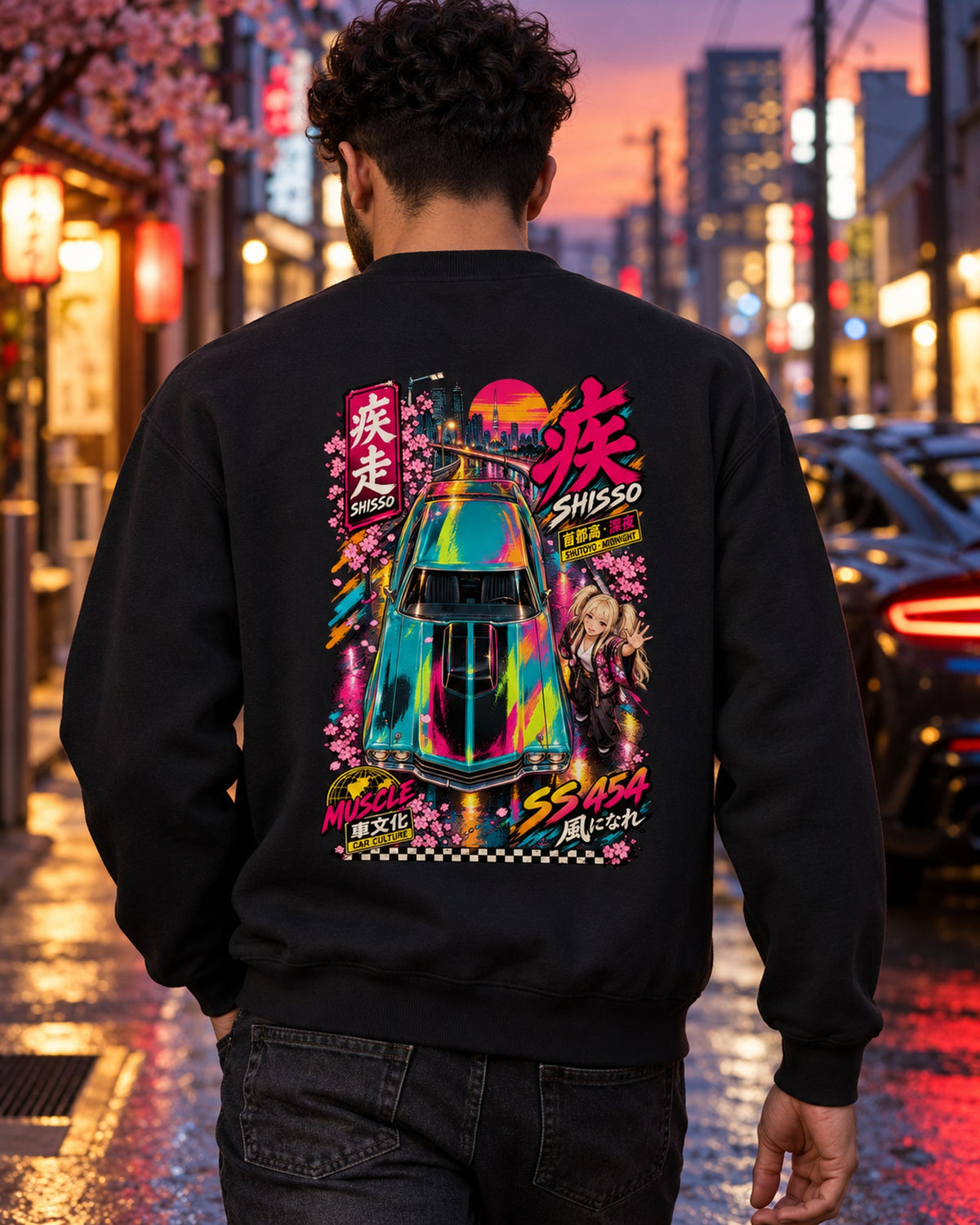 SHISSO SS 454 Anime Girl Full-Back Graphic Tee Crewneck Black worn hero