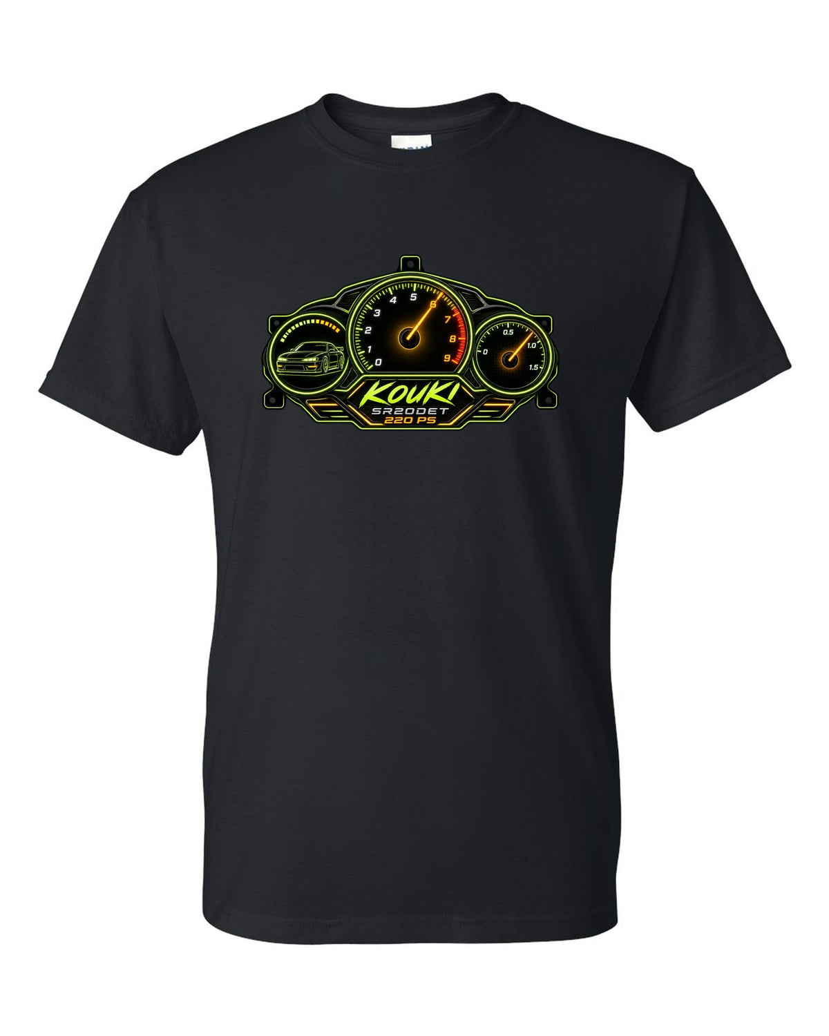 Gauge cluster dashboard print for a Nissan Silvia S14 kouki with SR20DET text black t-shirt front view with the design