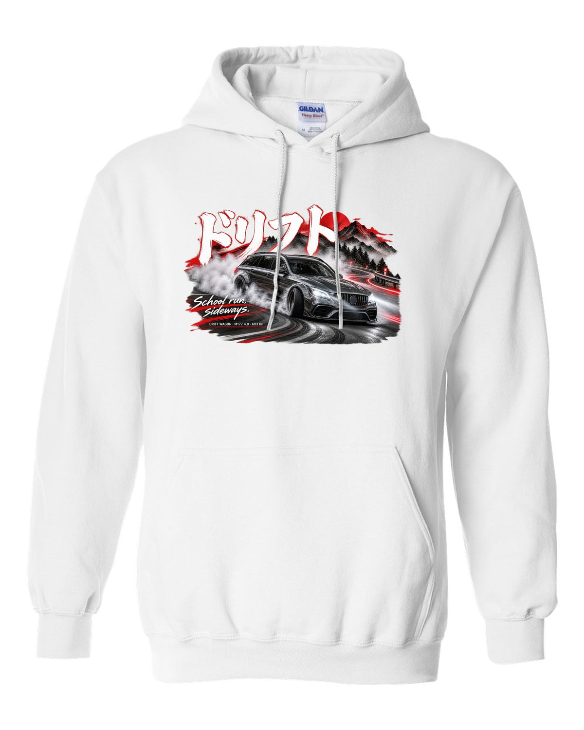 print touge drift night of a Mercedes W213 E63 S wagon with Japanese drift text and School Run Sideways white pull over hoodie front view with the design