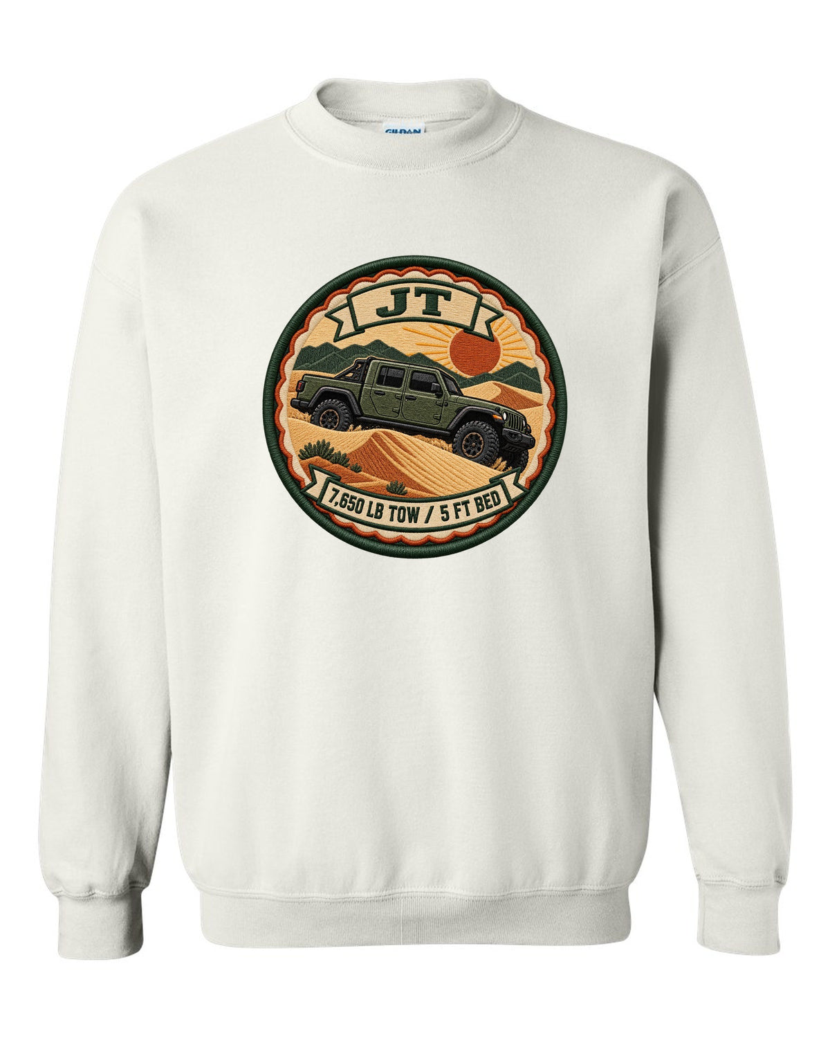 Embroidery-style varsity crest print of a Jeep Gladiator JT with tow rating text white crewneck front view with the design