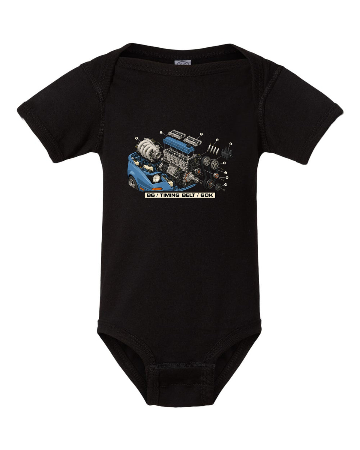 Exploded engine diagram print of a Mazda MX-5 NA B6 1.6L with timing belt 60K text black baby onesie front view with the design