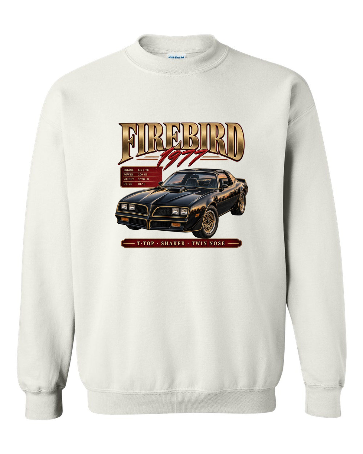 print archive panel of a 1977 Pontiac Firebird T-top with shaker and twin nose lettering white crewneck front view with the design