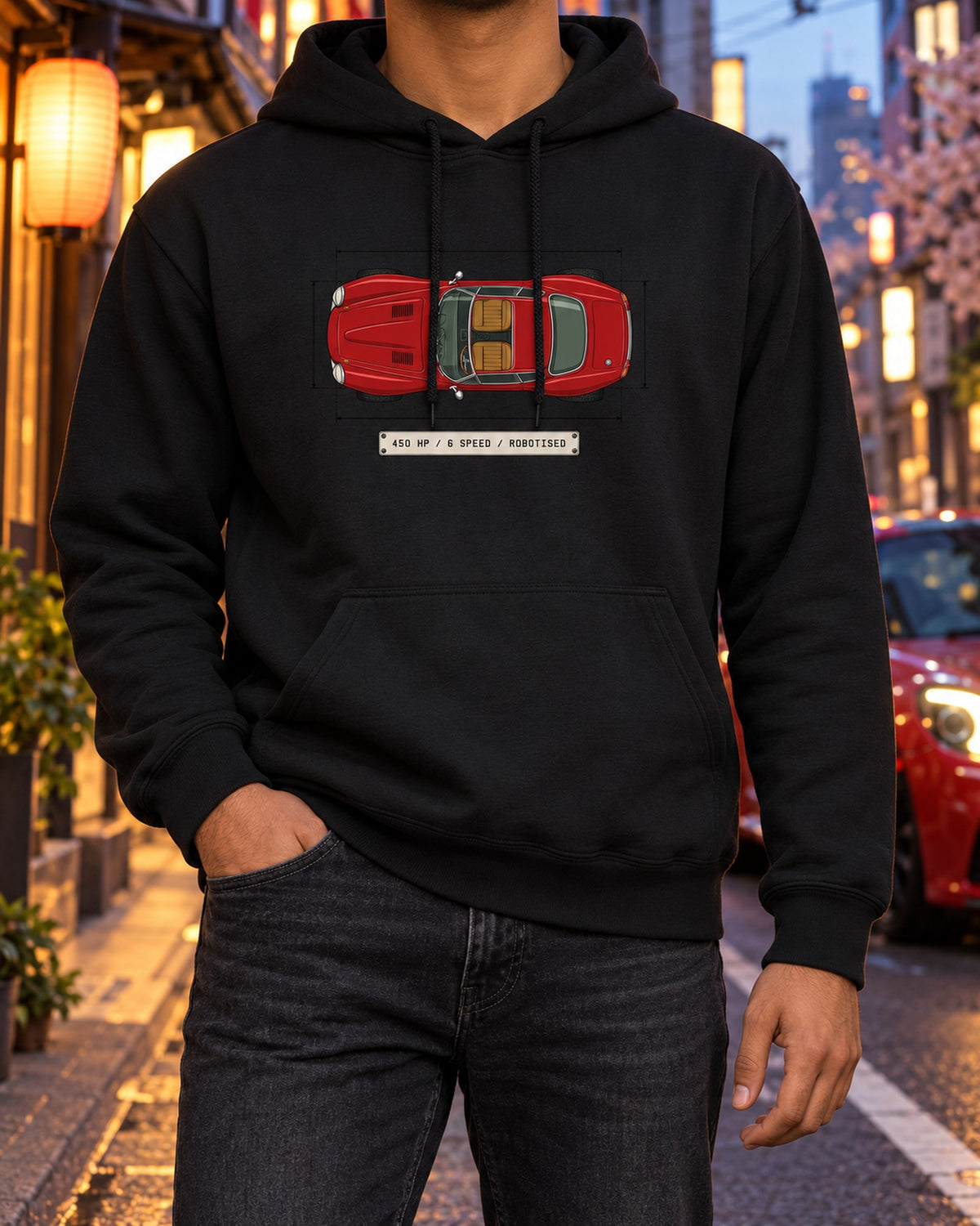 Alfa Romeo 8C Competizione Spec Sheet Tee, Robotised Gearbox Pull Over Hoodie Black worn hero