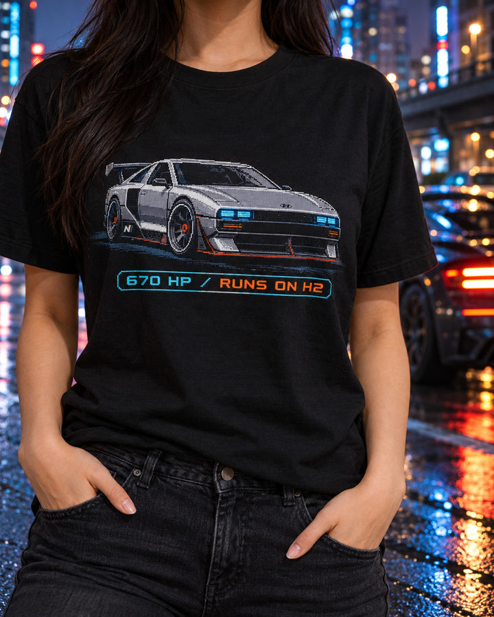 Hyundai N Vision 74 Pixel Art Wedge Tee, Hydrogen Concept T-Shirt Black worn hero