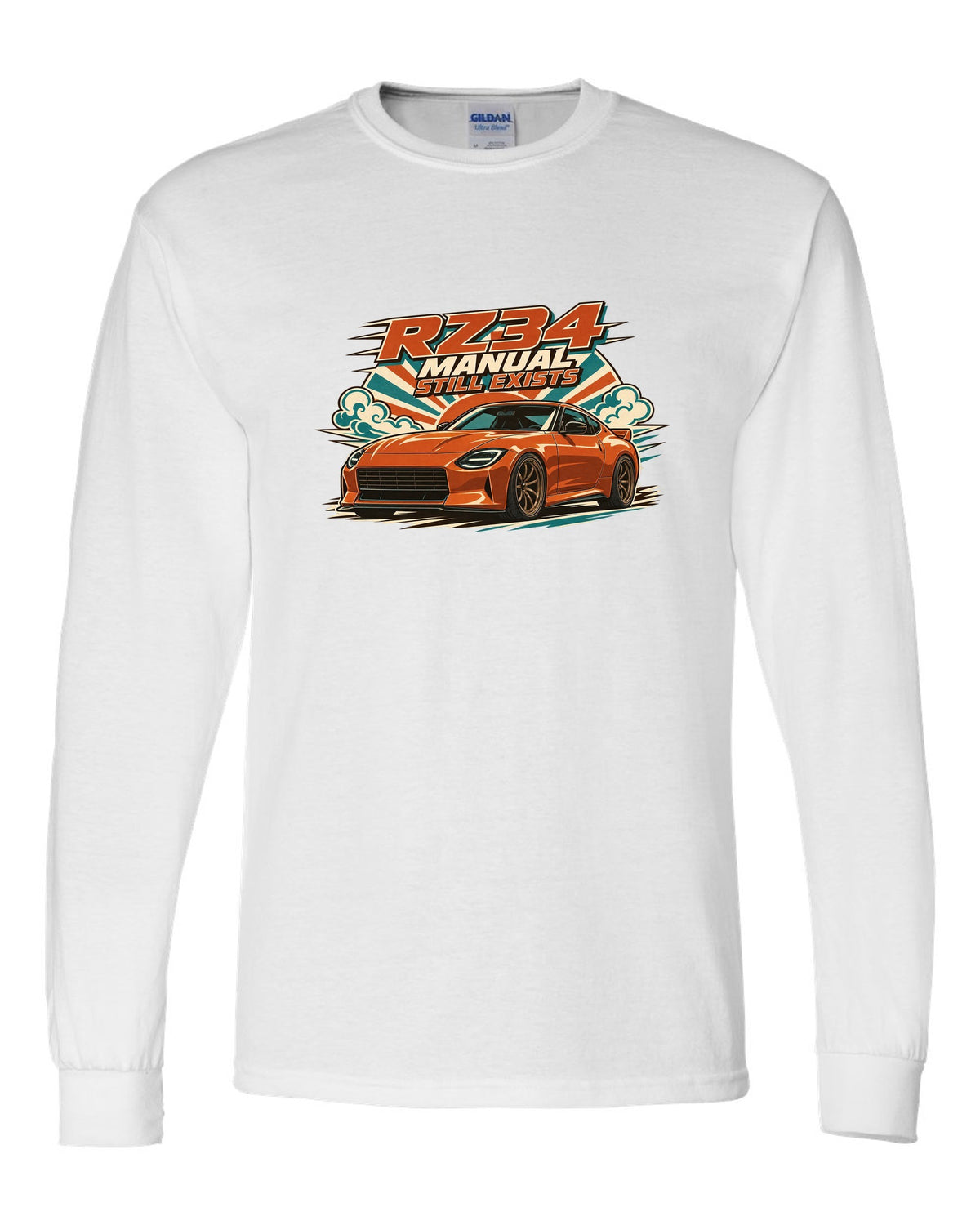 1970s Showa catalogue ad style print of the Nissan Z RZ34 white long sleeve front view with the design