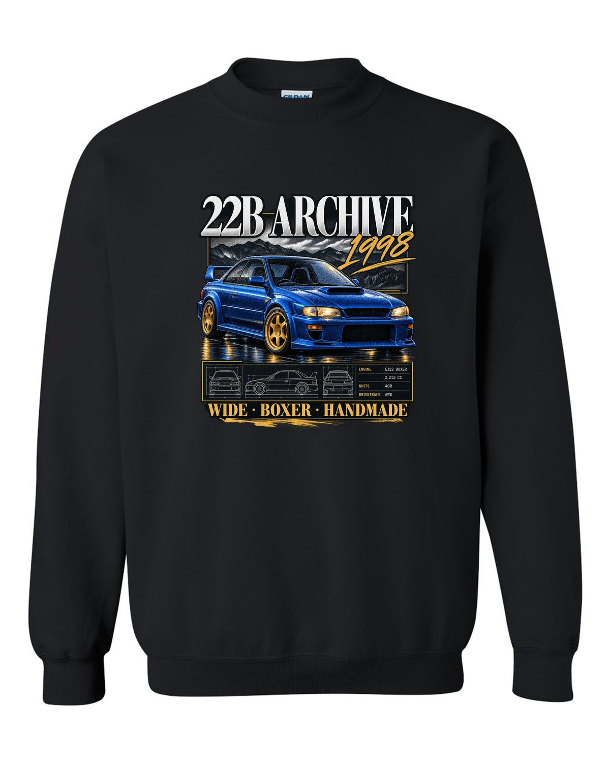 Archive panel print of a Subaru Impreza 22B STi GC8 with 400 built lettering black crewneck front view with the design