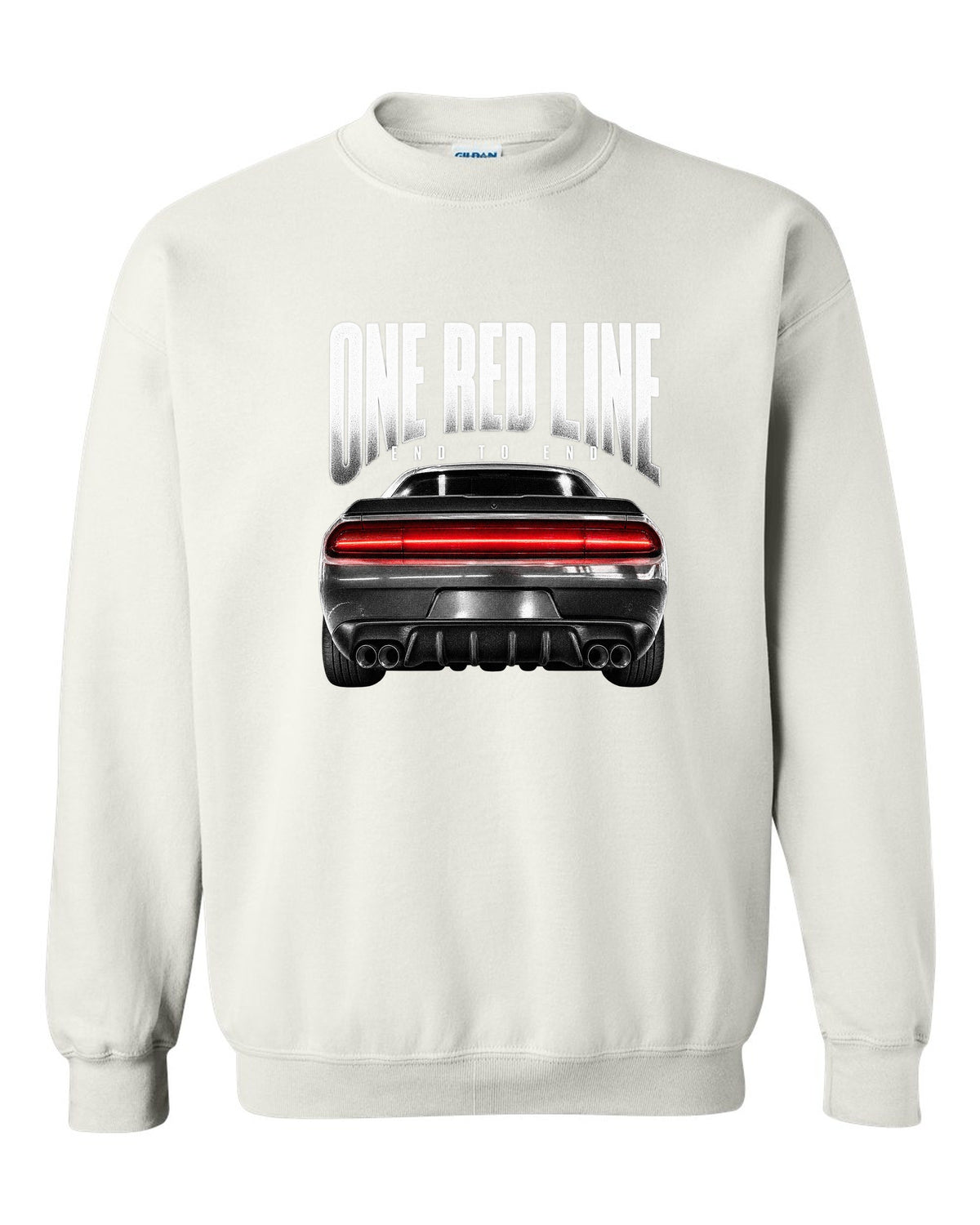 Taillight macro print of a 2015 Dodge Challenger Scat Pack with a single red line white crewneck front view with the design