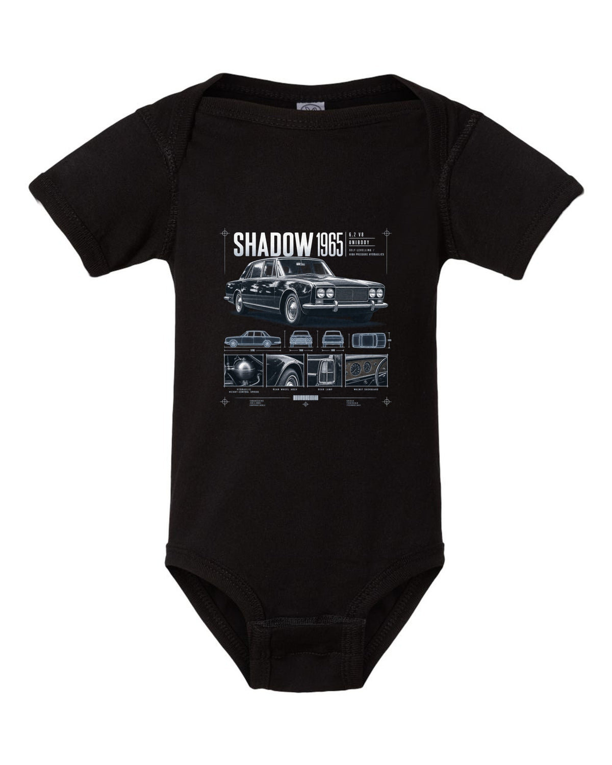 Rolls-Royce Silver Shadow 1965 dossier panels about hydraulics black baby onesie front view with the design