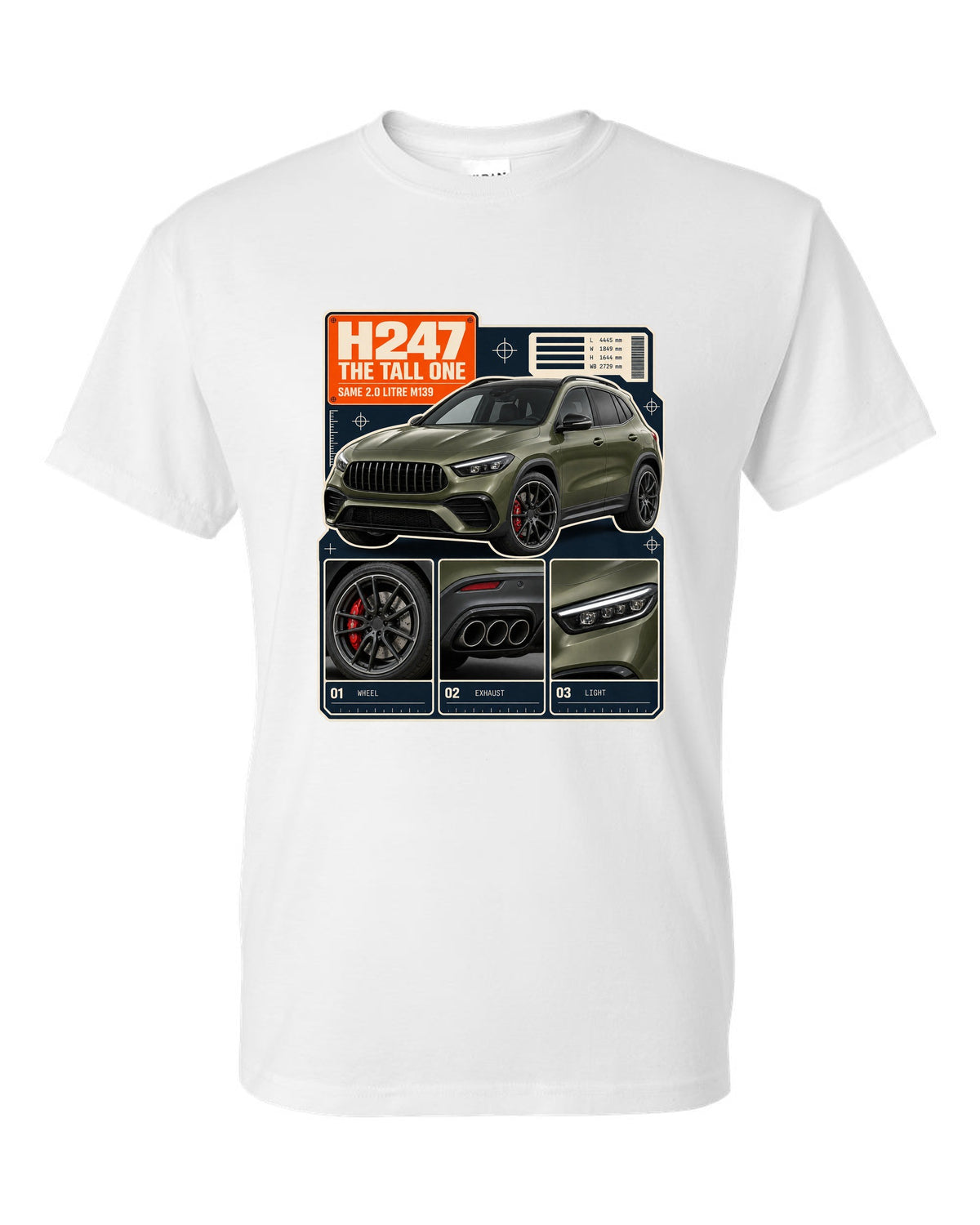 Mercedes-AMG GLA 45 S H247 dossier panel print white t-shirt front view with the design