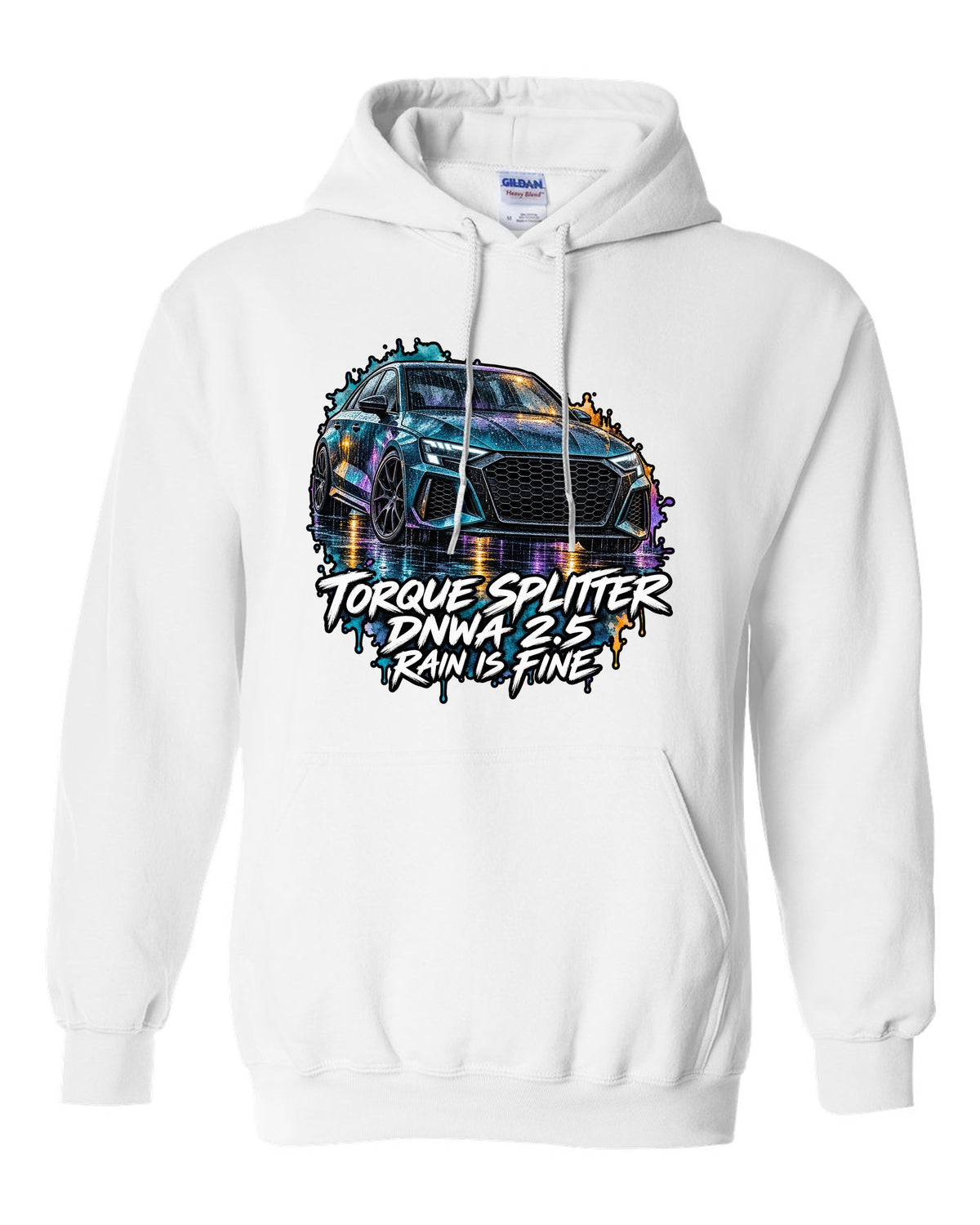 Watercolour wash print of an Audi RS3 8Y with Rain Is Fine lettering white pull over hoodie front view with the design