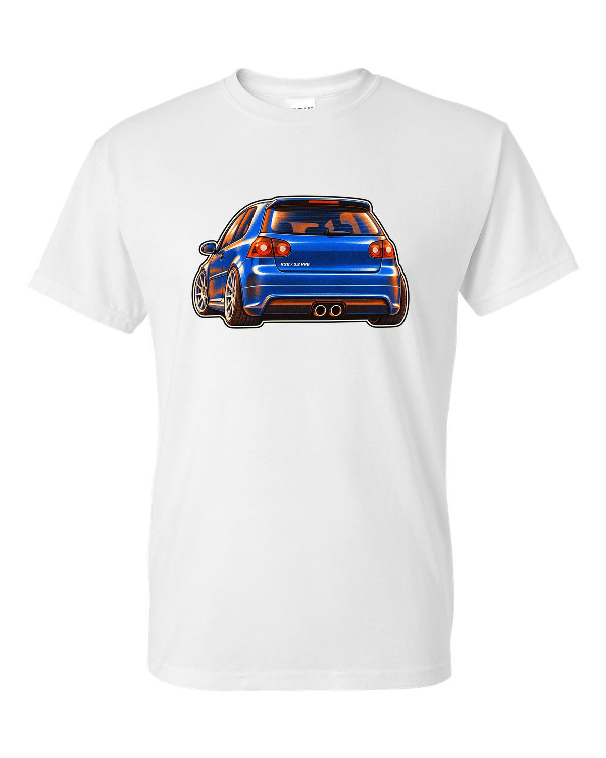 Risograph style print of a VW Golf R32 Mk5 with twin exhaust pipes and 3.2 VR6 text white t-shirt front view with the design