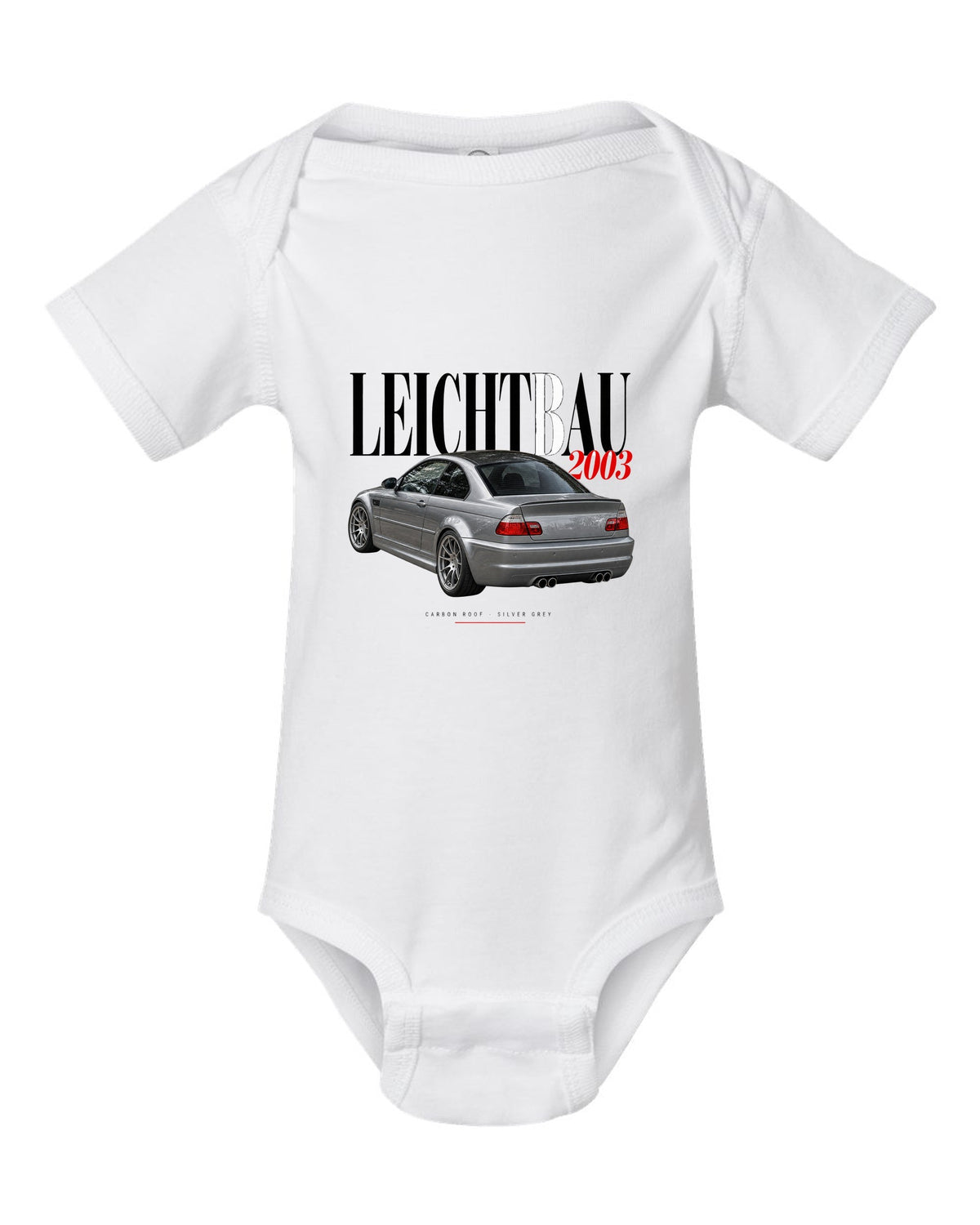BMW E46 M3 CSL 2003 editorial headline print with Leichtbau carbon roof Silver Grey text white baby onesie front view with the design