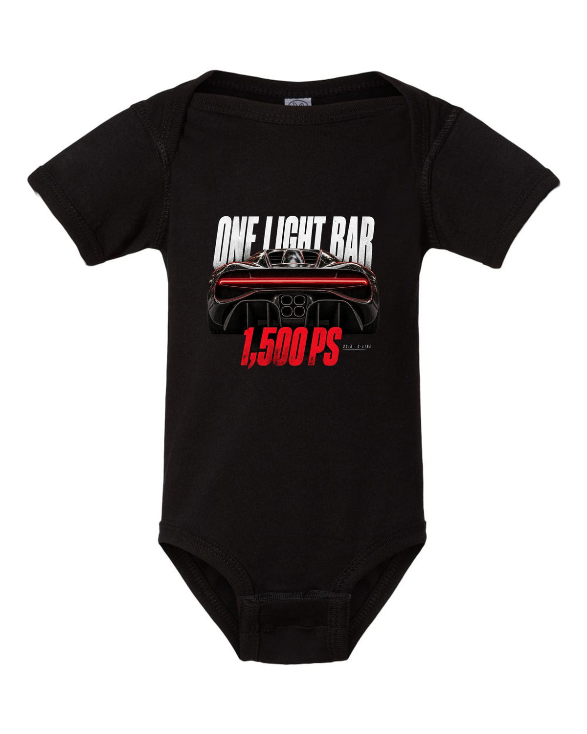 Bugatti Chiron 2016 light bar taillight macro black baby onesie front view with the design