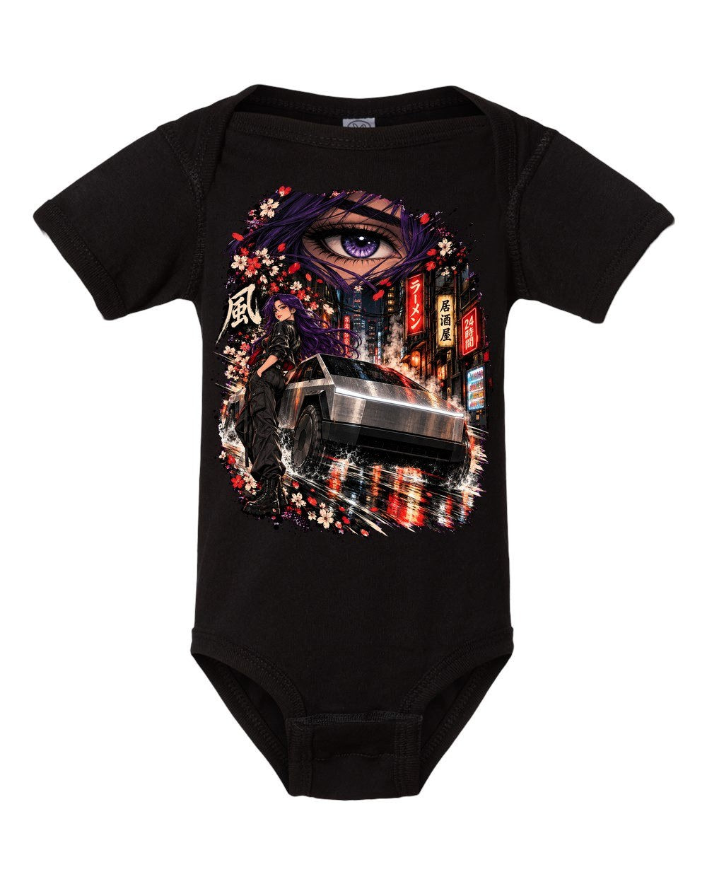 Tesla Cybertruck Anime Girl Baby Onesie Black front