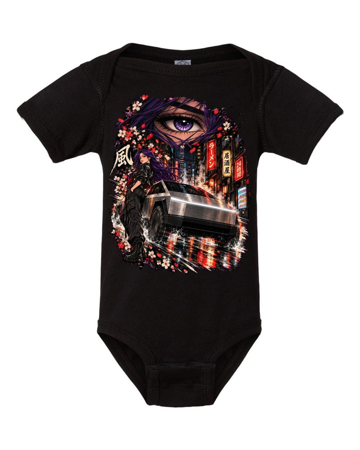Tesla Cybertruck Anime Girl Baby Onesie Black front