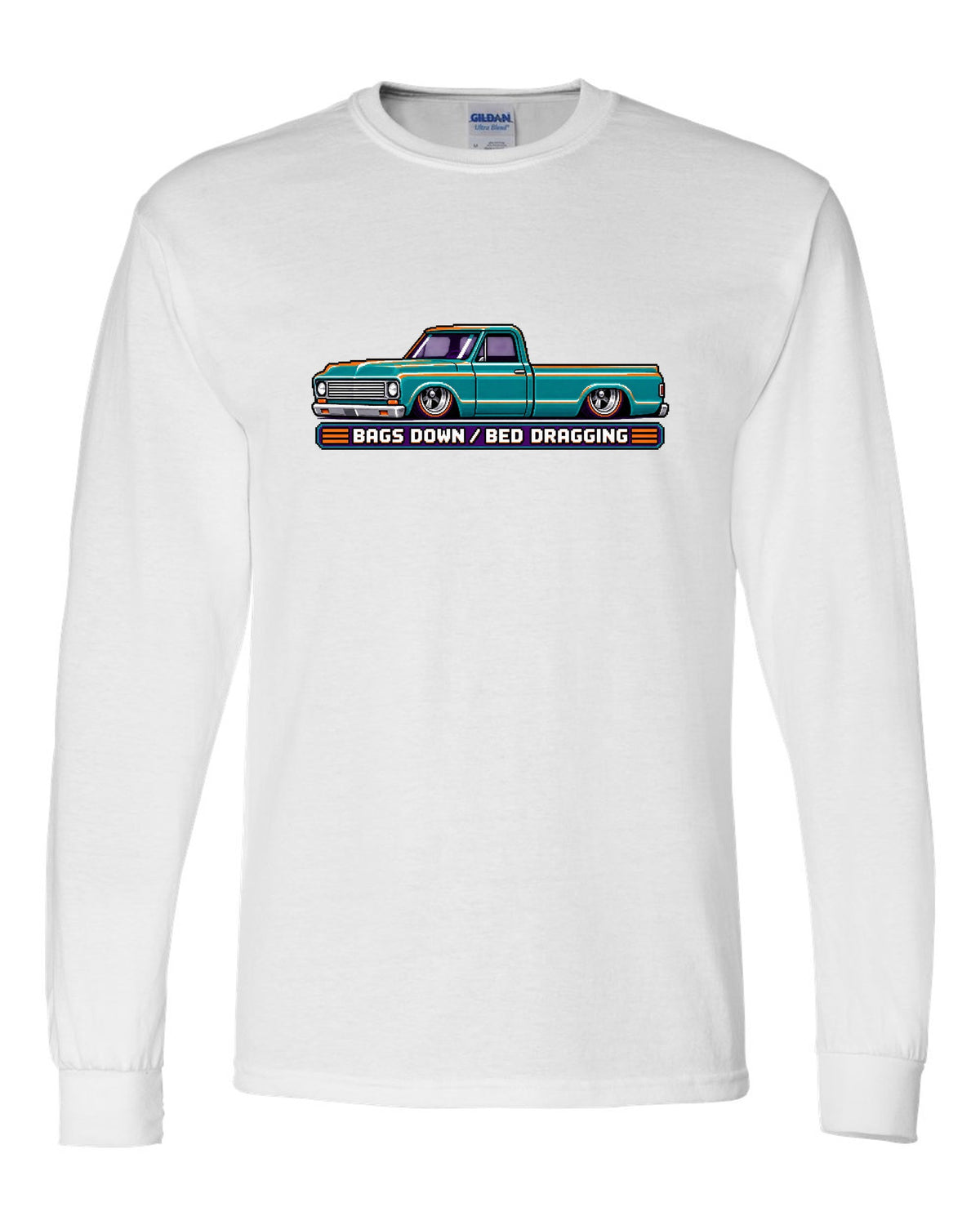 8/16-bit pixel art print of a bagged 1967-72 Chevrolet C10 Action Line Fleetside with bags down bed dragging lettering white long sleeve front view with the design