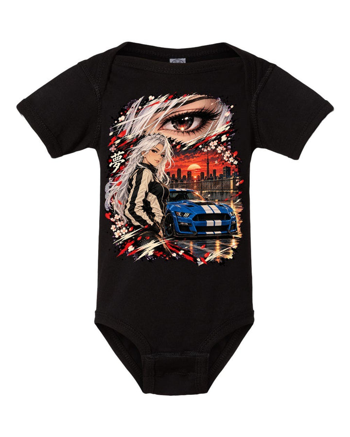 Ford Mustang Shelby GT500 Anime Girl Baby Onesie Black front