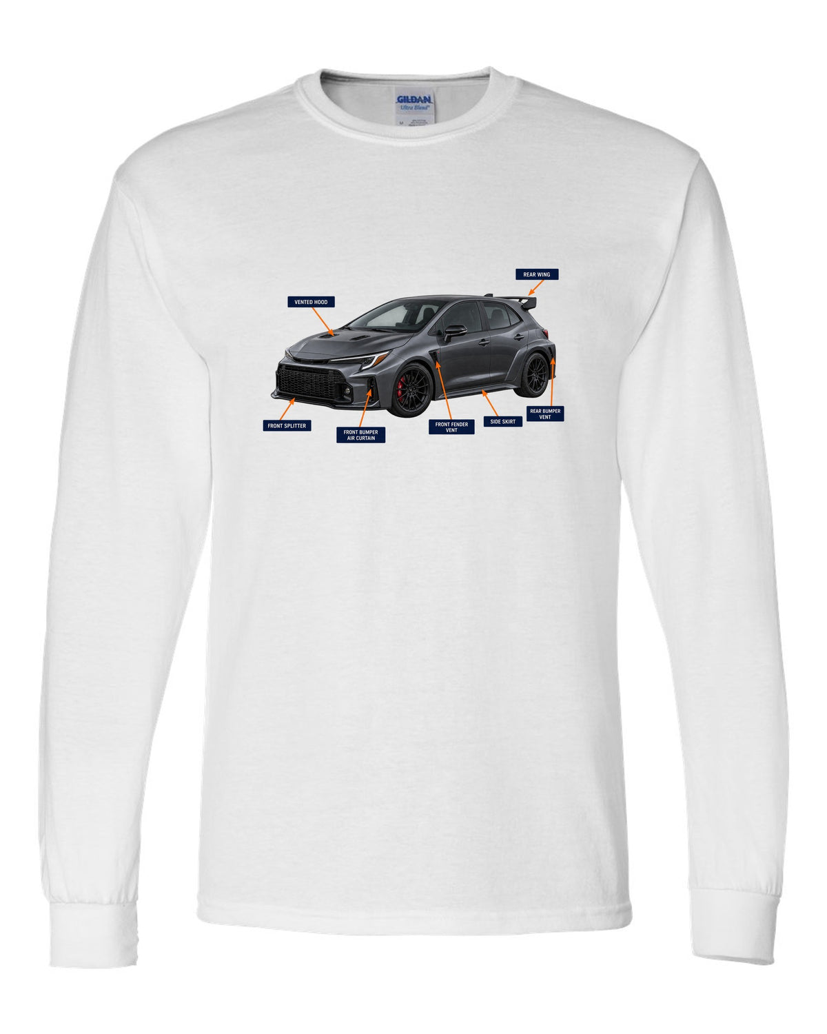 Toyota GR Corolla Circuit Edition chback with aero cutaway callouts and G16E-GTS text white long sleeve front view with the design