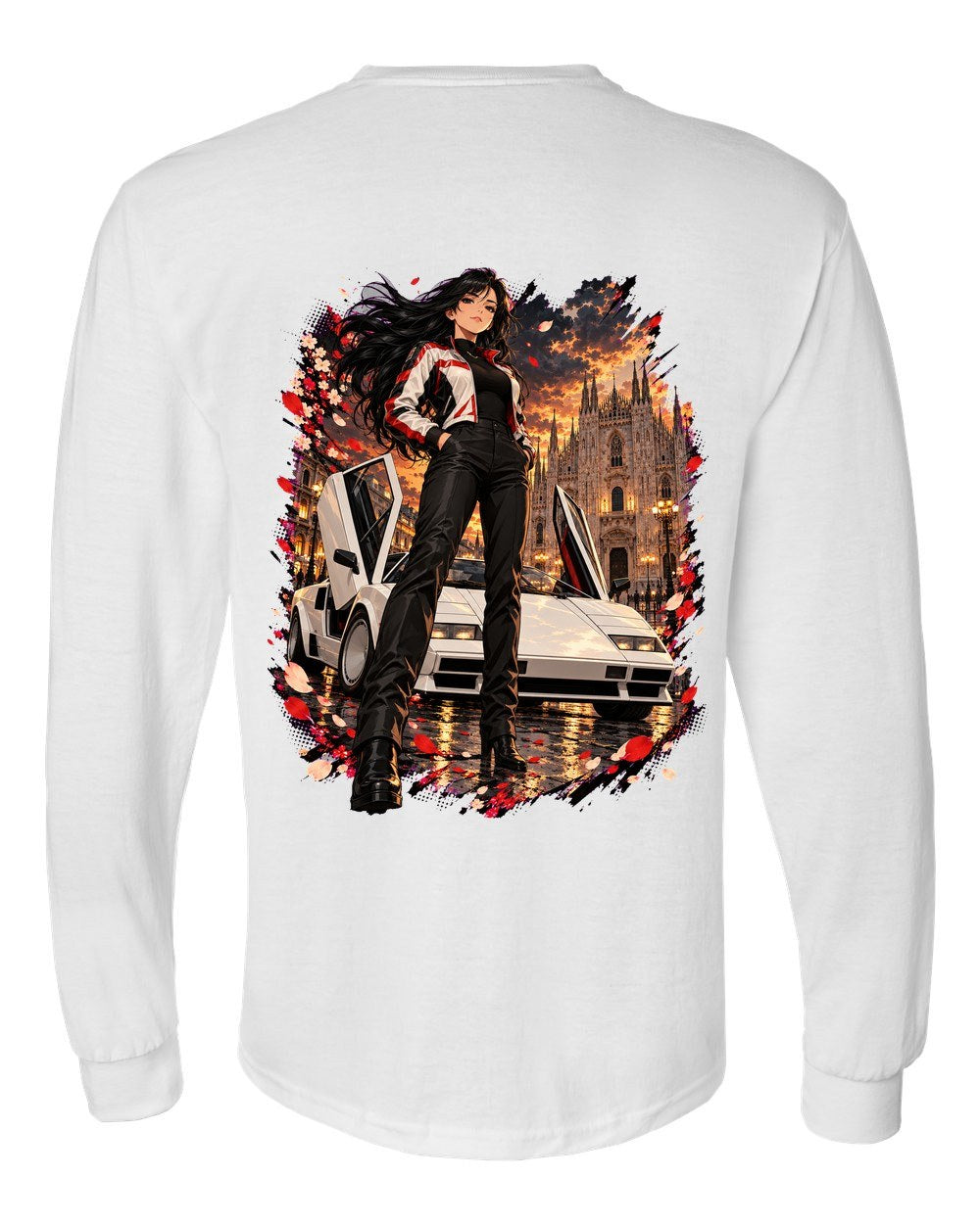 Lamborghini Countach Anime Girl Long Sleeve White back