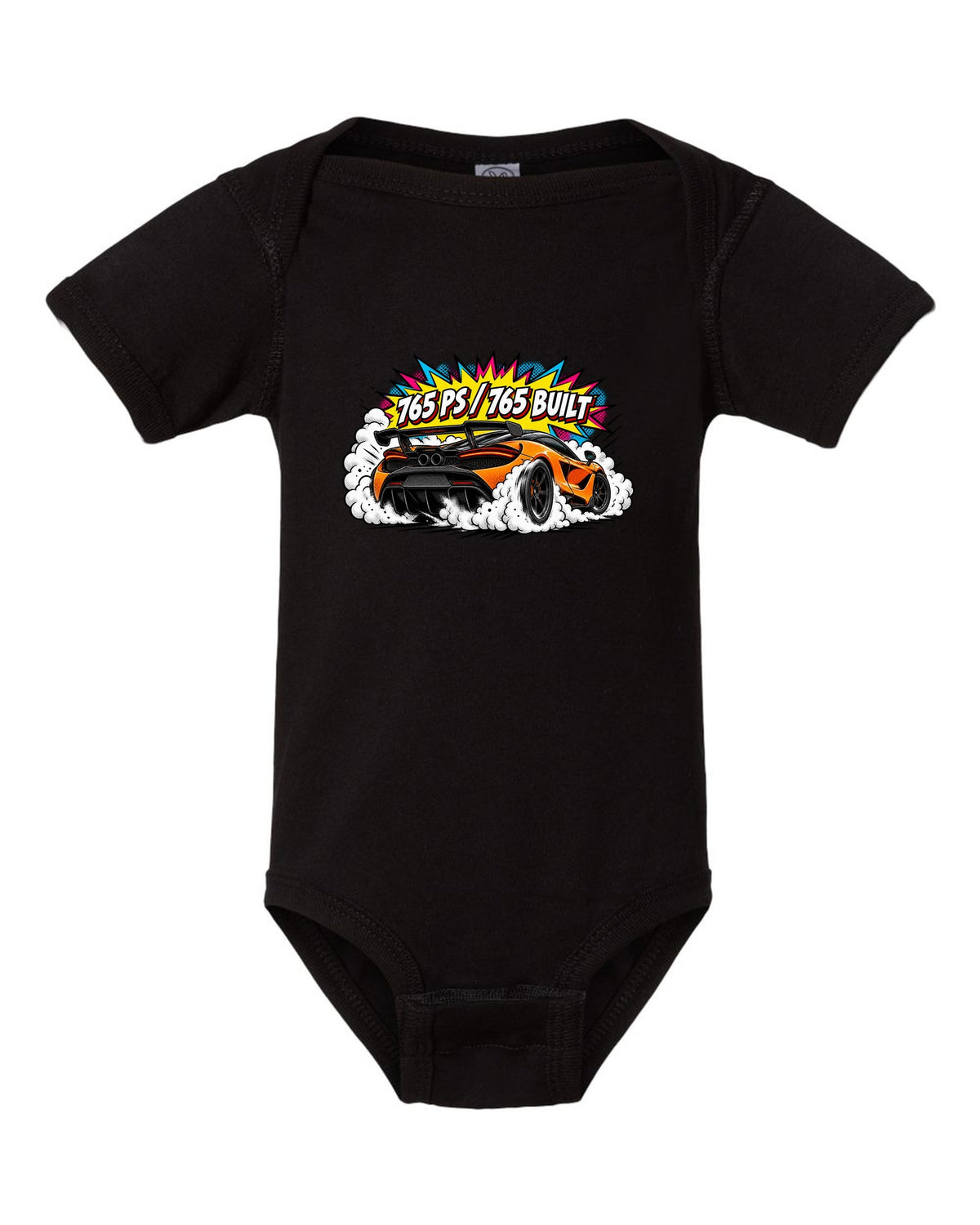 Comic halftone pop-art print of a McLaren 765LT burnout with 765 PS and 765 Built lettering black baby onesie front view with the design