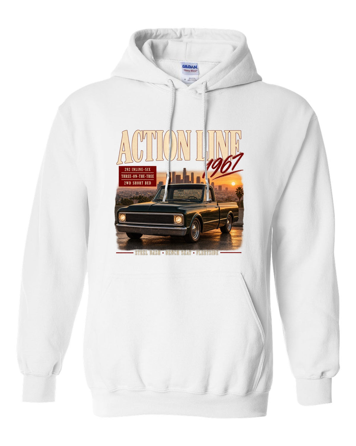 Archive panel print of a 1967 Chevrolet C10 Action Line Fleetside with 292 inline-six text white pull over hoodie front view with the design