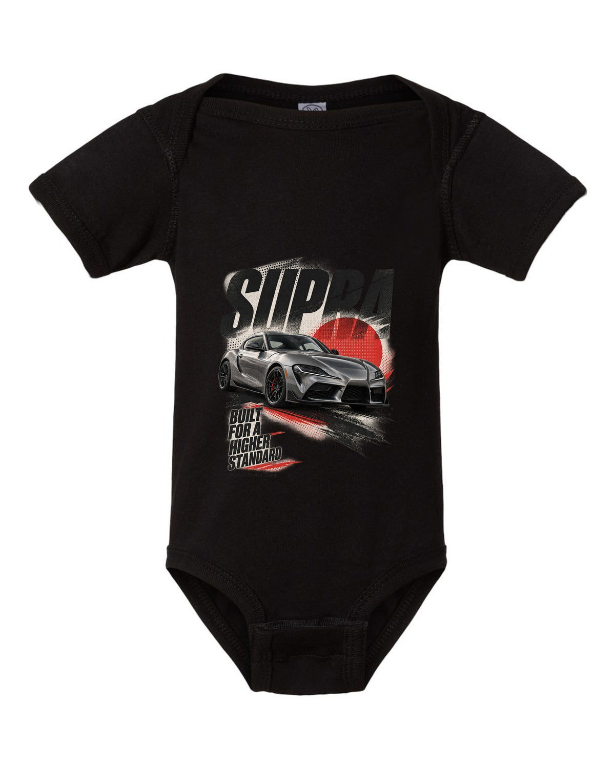 Interior cockpit and gauge view of the Toyota GR Supra A91-MT with rev-match text black baby onesie front view with the design