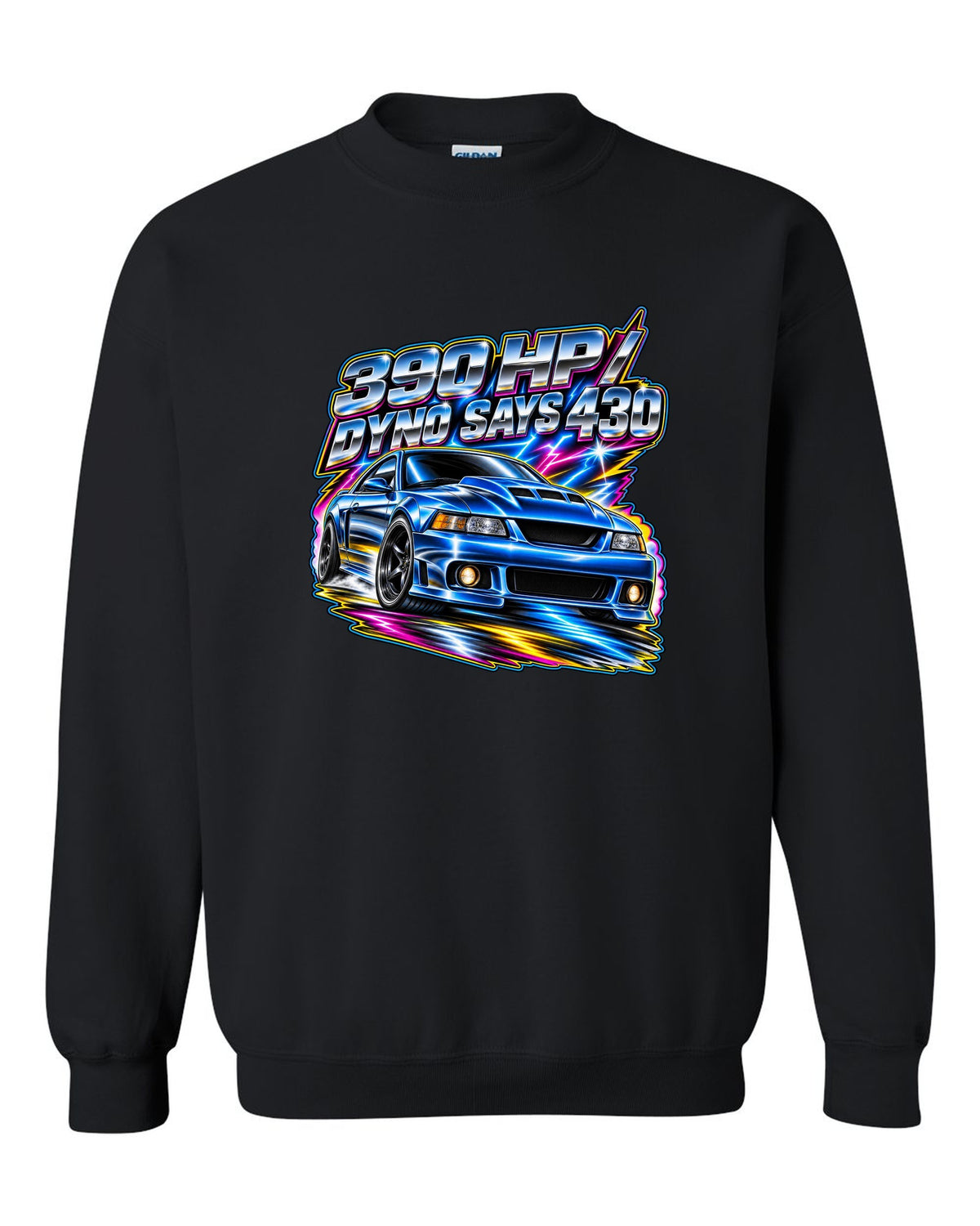 80s airbrush chrome 2003 supercharged Ford Mustang coupe with 390 HP text black crewneck front view with the design
