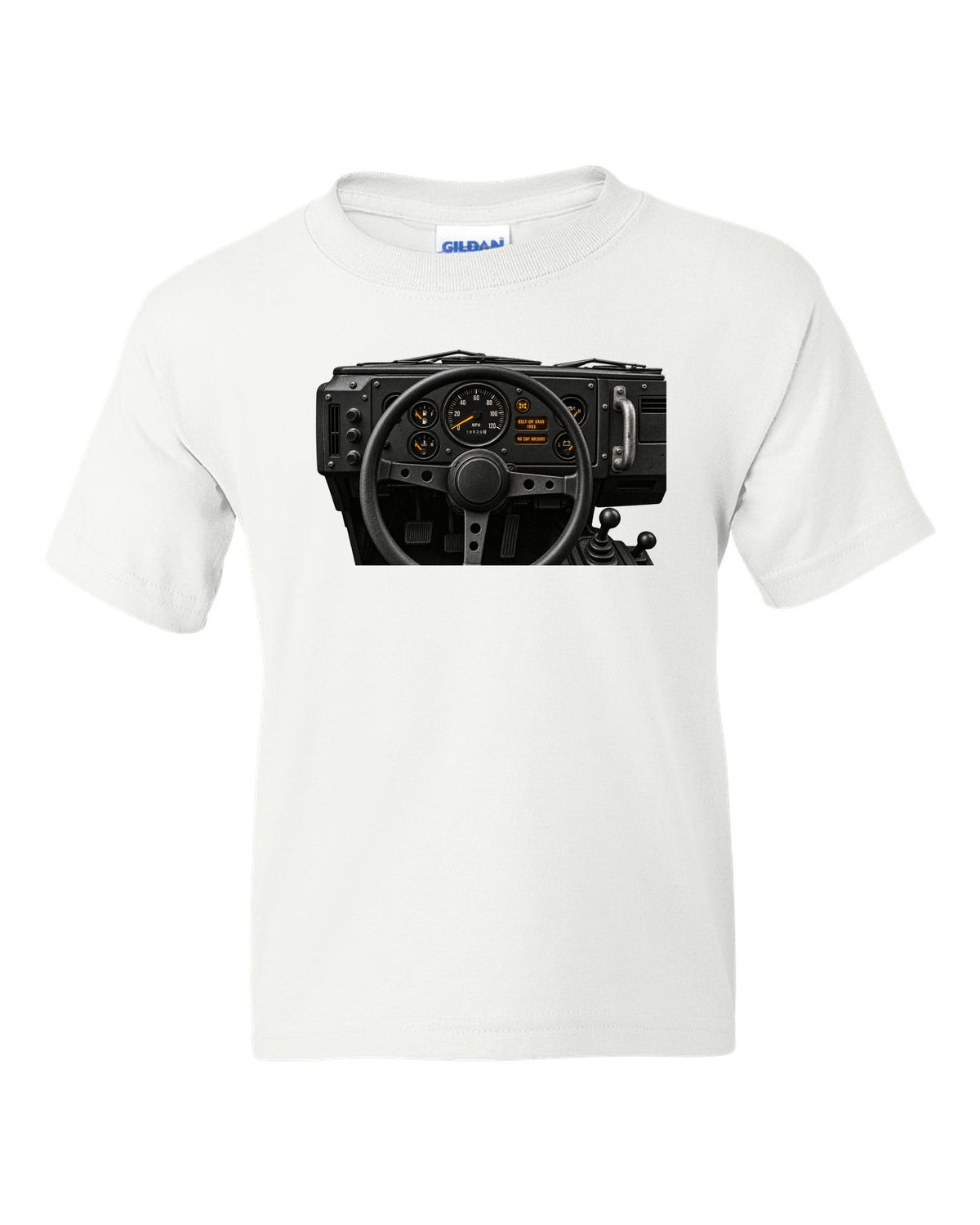 Land Rover Defender 110 cockpit gauge print with bolt-on dash text white kids tee front view with the design