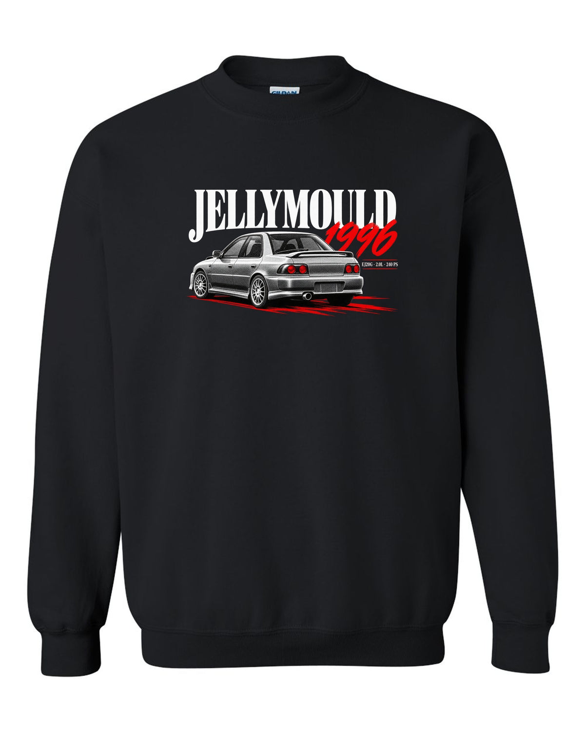 Subaru Impreza WRX GC8 saloon 1996 with Jellymould headline and EJ20G 240 PS text black crewneck front view with the design